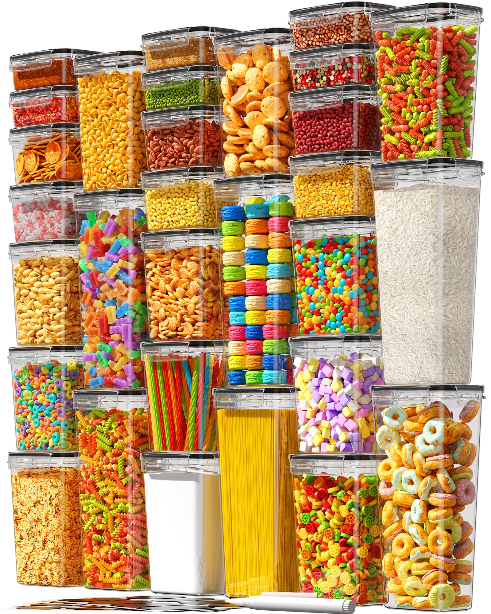 KEMETHY 30 Pack Airtight Food Storage Containers with Lids, Kitchen Pantry Organizers and Storage, BPA-Free Plastic Food Canisters for Cereal, Flour, Sugar, Pasta, Dry Food, Include Labels & Marker