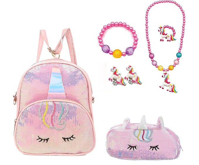 Aashiya Sequin Unicorn Backpack for Girls with Sequin Pouch+Necklace