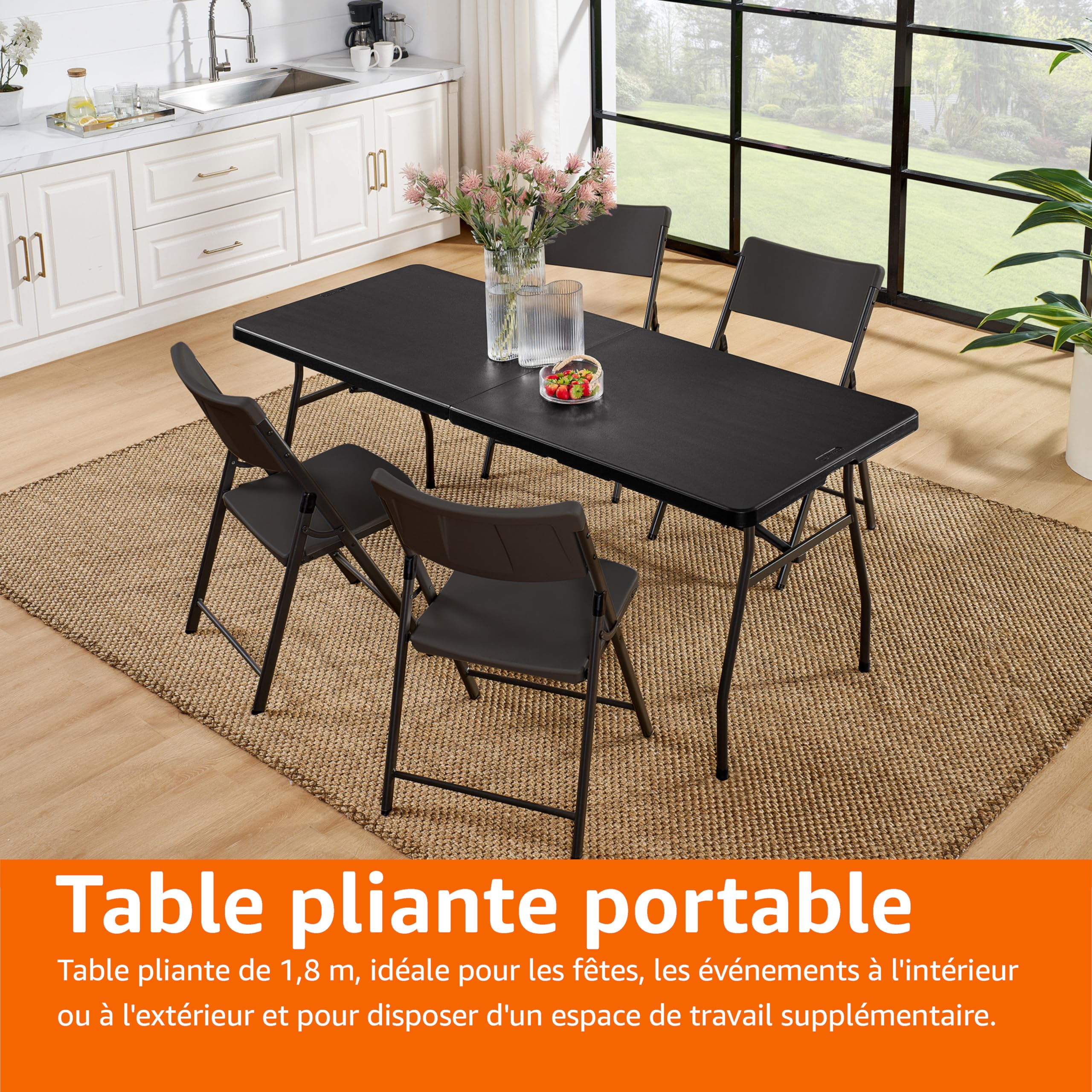 Amazon Basics Table pliante rectangulaire de 1,8 m avec poignée de transport, pour intérieur et extérieur, portable, légère, table de voyage, pique-nique, camping, noir, 182 x 75 x 73 cm