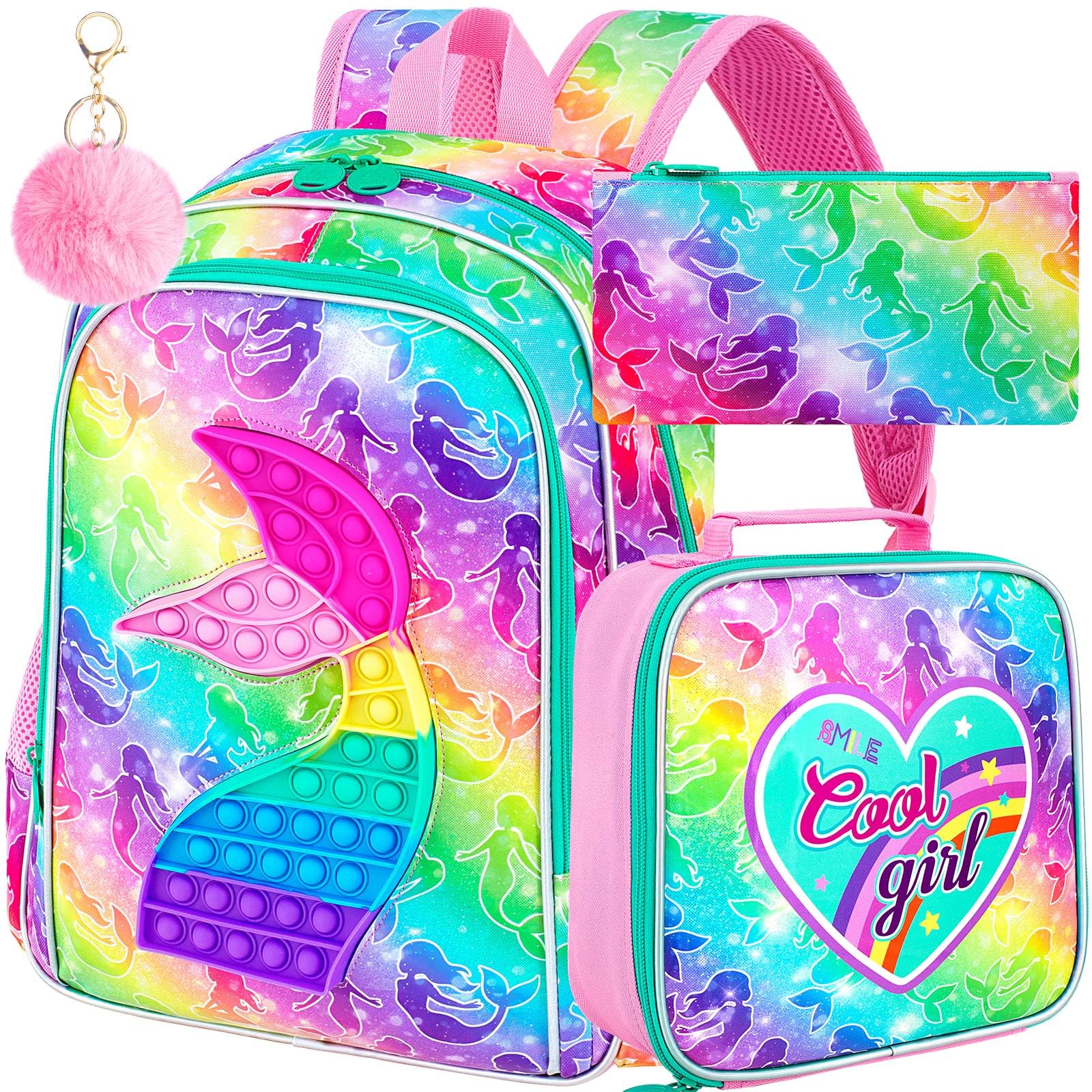 WZLVO Kids Backpack for Girls,Unicorn Mermaid Prechool Elementary Kindergarten School Bookbag and Lunch Box