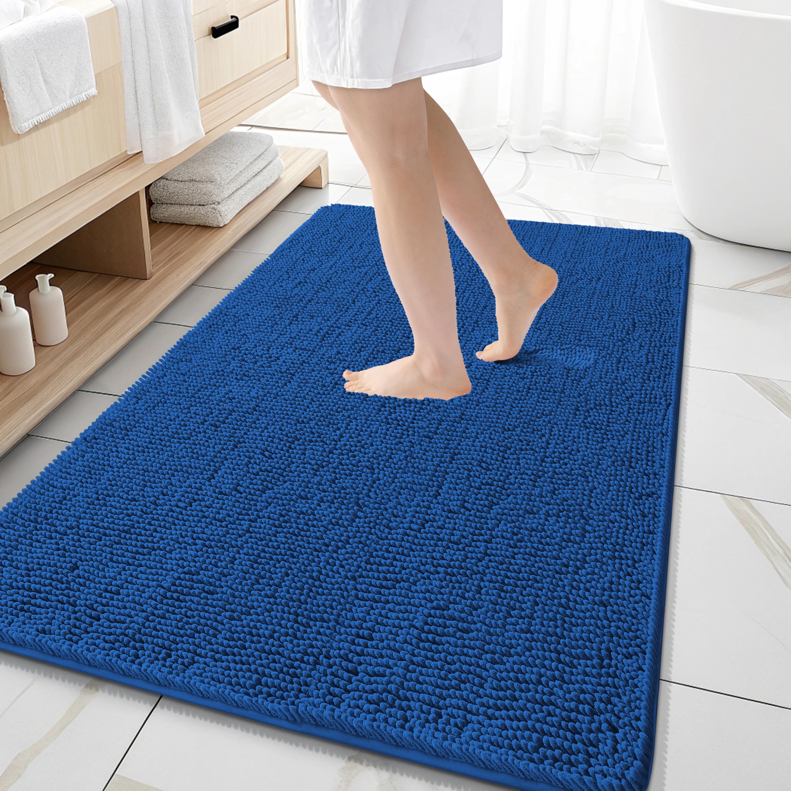 OLANLY Large Bathroom Rugs 59x35, Extra Soft Absorbent Chenille Bath Rugs | Deep Navy Blue, Quick-Drying Rubber Backing, Washable Bath Mat for Bathroom Floor, Tub and Shower, Home Decor Accessories