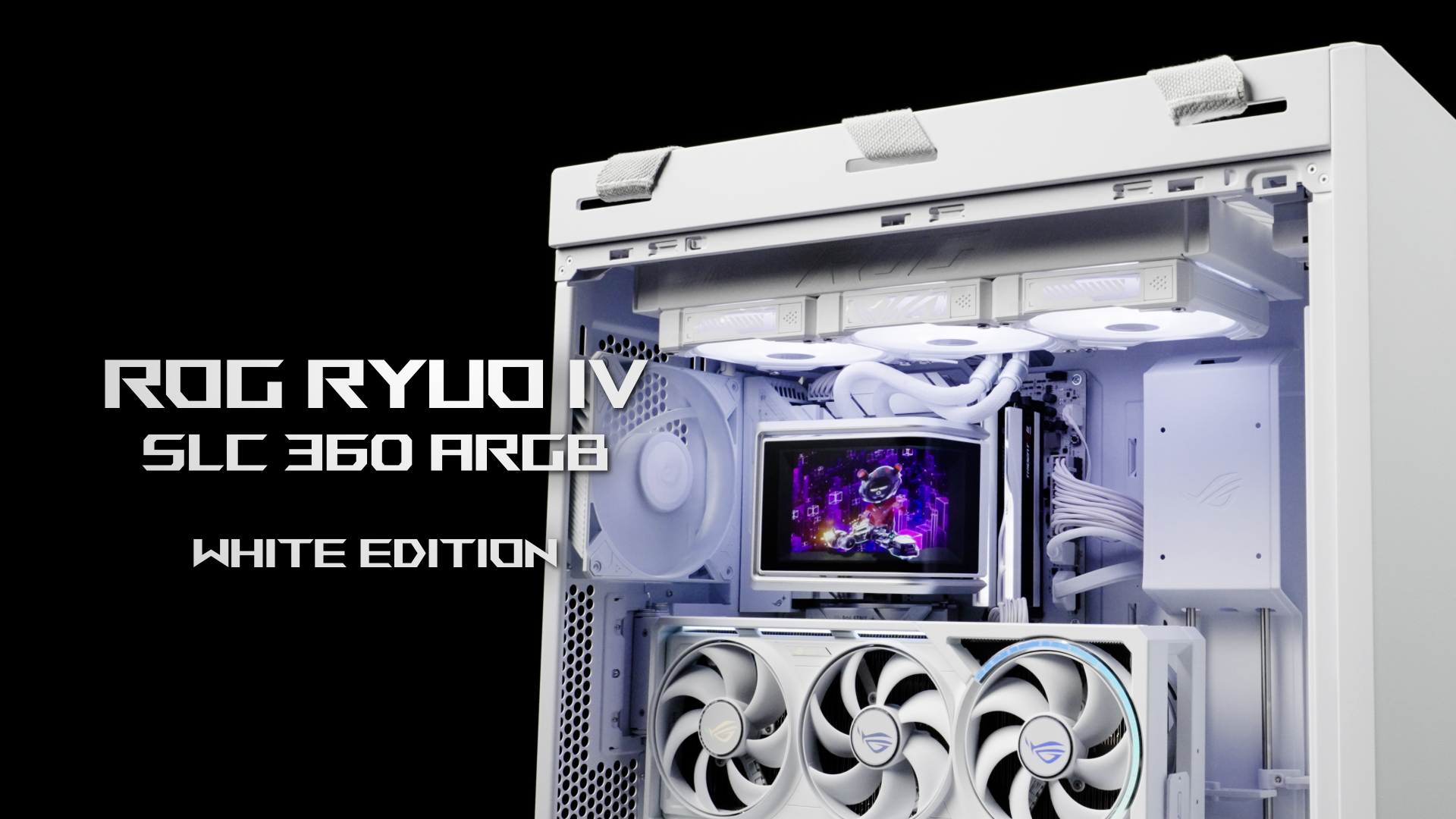 Image of ASUS ROG RYUO IV SLC 360 ARGB White Edition All-in-one CPU Liquid Cooler, Shortened tubing for Clean Aesthetic, Movable Curved 6.67-inch Display, 6 Year Warranty