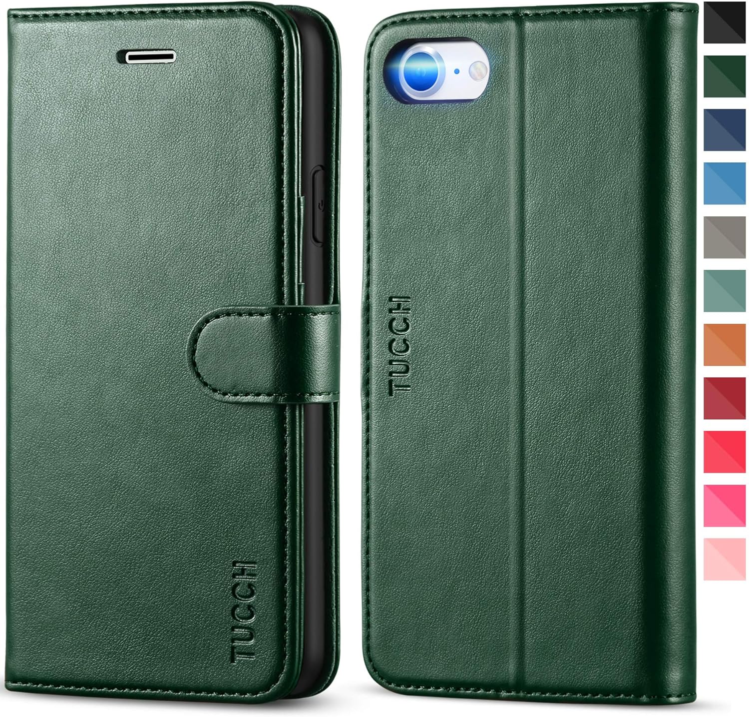 TUCCH Funda iPhone SE 2020, Funda iPhone 8, Funda de Cuero PU para iPhone 7 con Cáscara de TPU, Ranura para Tarjeta, Cierre Magnético, Funda Libro para iPhone 7/8/SE 2020 (4.7''), Verde Medianoche