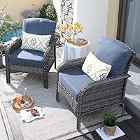 OVIOS 2-Piece Outdoor Wicker Patio Chair Set, All-Weather High Back Rattan Chairs with Thick Cushions, Denim Blue for Porch Deck