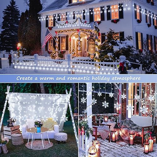 Vista 6 de Christmas Snowflake Icicle Lights,6.5ft 144LED Curtain Lights Outdoor with 12 Drops, 8 Modes Waterproof Connectable Fairy Light for Eaves, Garden