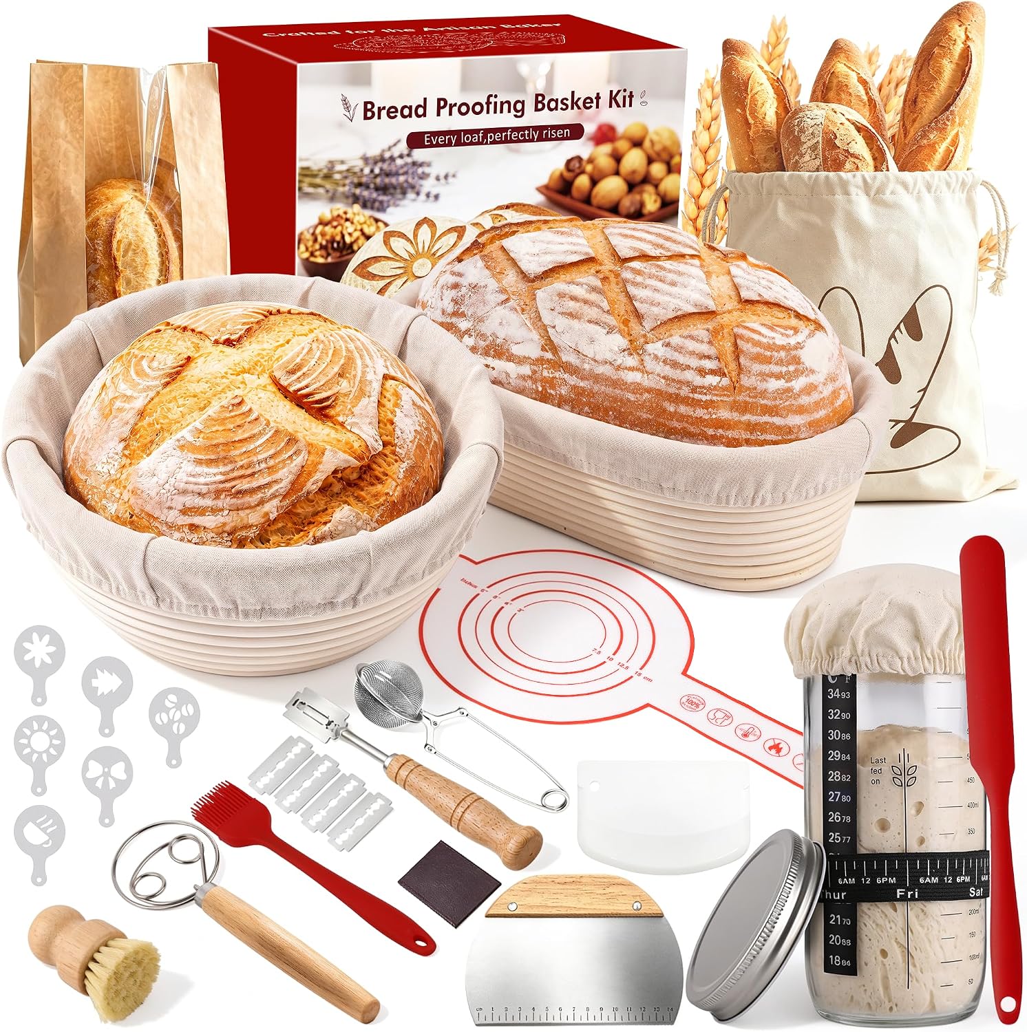 15PCS Sourdough Starter Kit, Sourdough Bread baking Supplies Banneton Bread Proofing Basket, Sourdough Starter Kit for Beginners