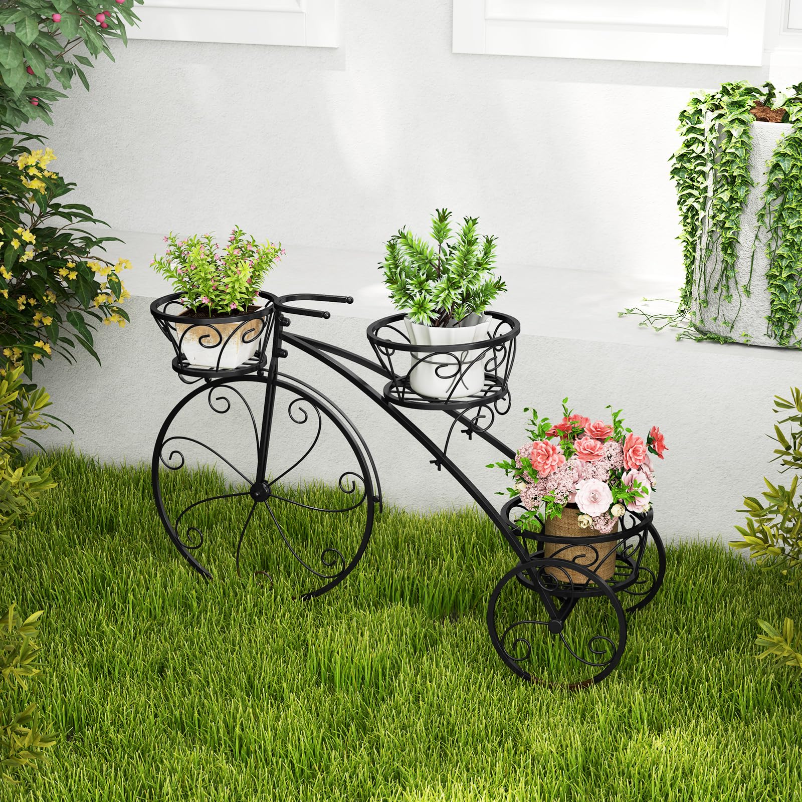 HOMASIS Support de Fleurs en Forme de Vélo, Échelle de Plantes en Métal avec 3 Niveaux, Jardinière pour Plantes, Style Vintage pour Jardin, Balcon, Bureau, Étagèrer, 85 x 25 x 50 cm, Noir