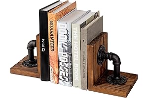 MyGift Rustic Brown Wood Bookends with Realistic Industrial Pipe Design