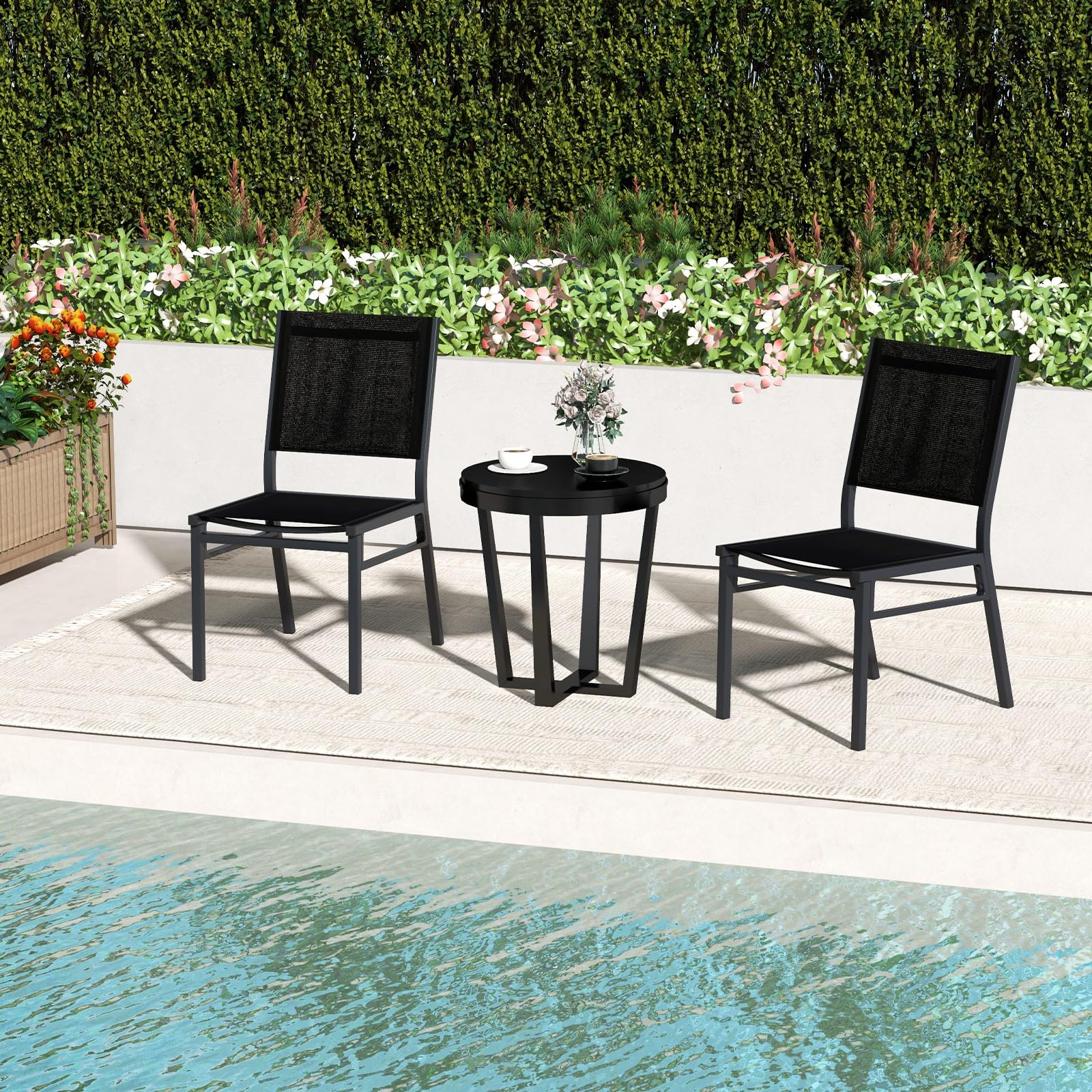 KOMFOTTEU Juego de 1/2 Sillas de Jardín de Tela, Silla Terraza Exterior con Marco de Aluminio, Asiento Económico con Respaldo Alto, Carga 150 kg, para Balcón, Patio, Negro (1)