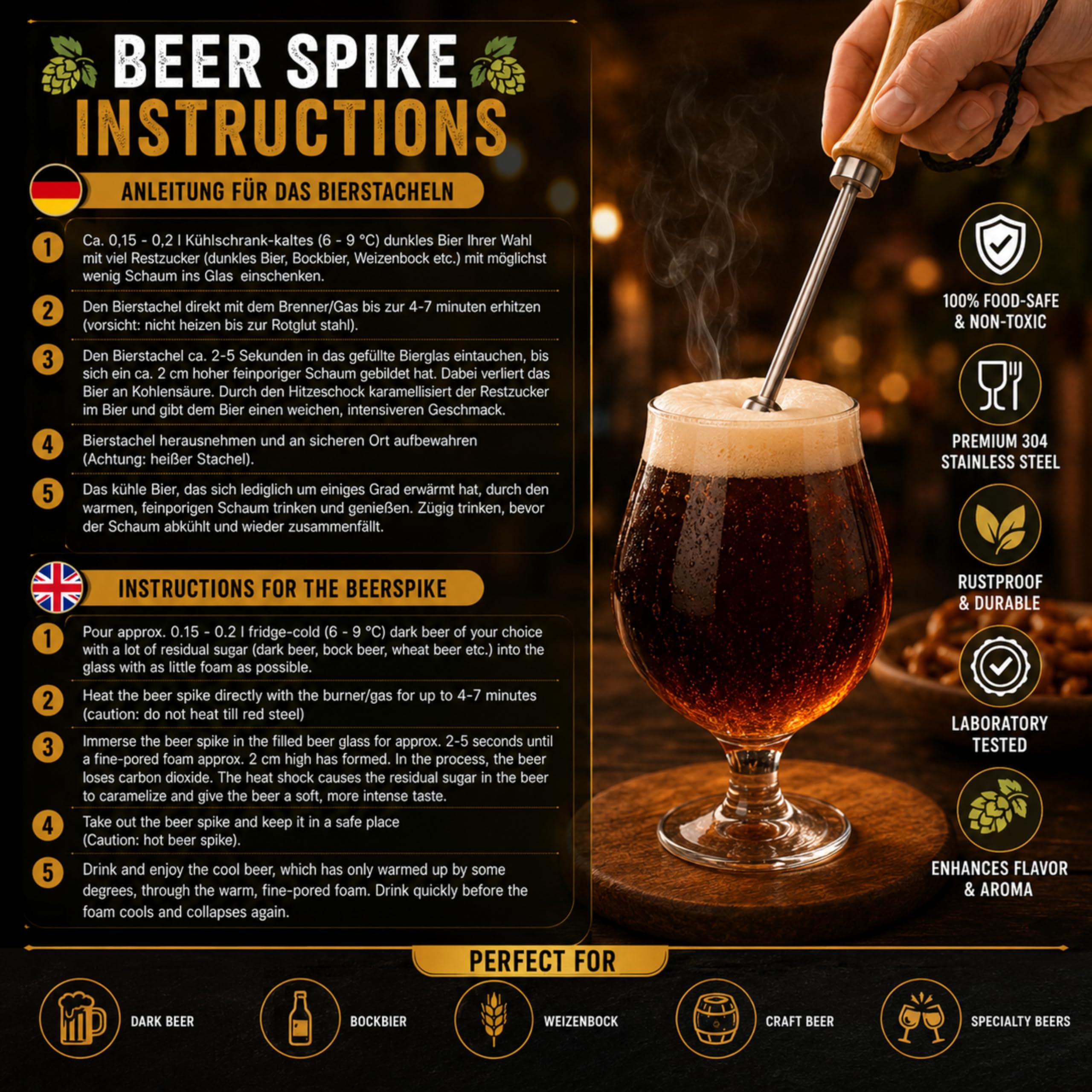 Bierstache Beerspike Beer Caranelizer Beer Caramelizer Podgrzewacz do piwa Rękojeść z prawdziwego drewna, kulka 100% spożywcza i ze stali nierdzewnej general oval shape)