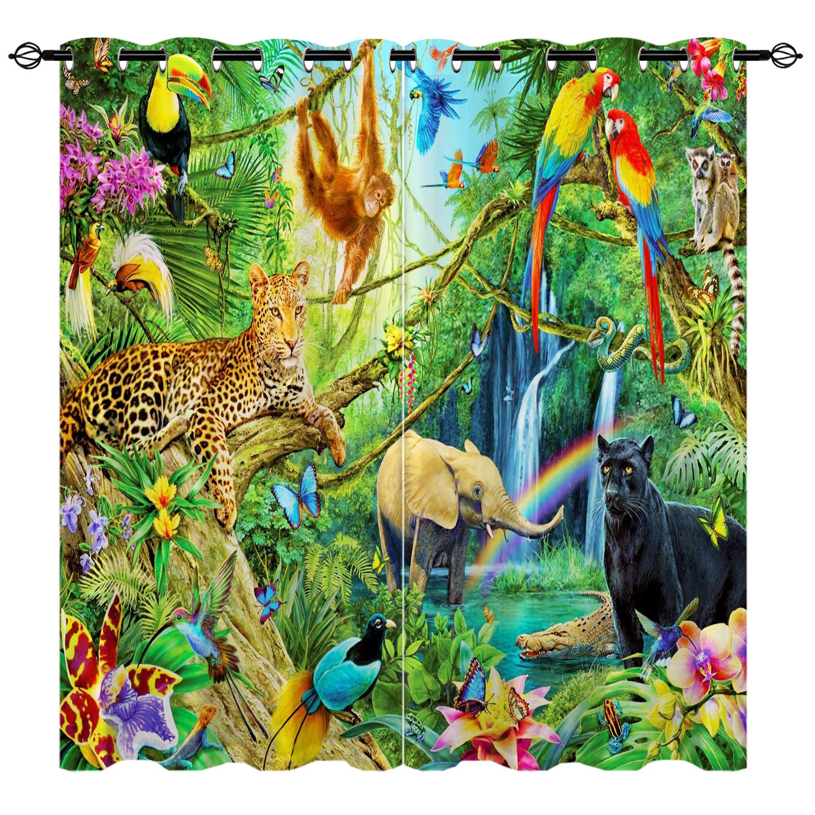 YUANZU Wild Animal for Kids Curtains, Panther Orangutan Elephant Family Pattern Microfiber Blackout Fabric Eyelet Window Drapes for Boys Girls Bedroom Set of 2 Panels W117cm (46") x D183cm (72")