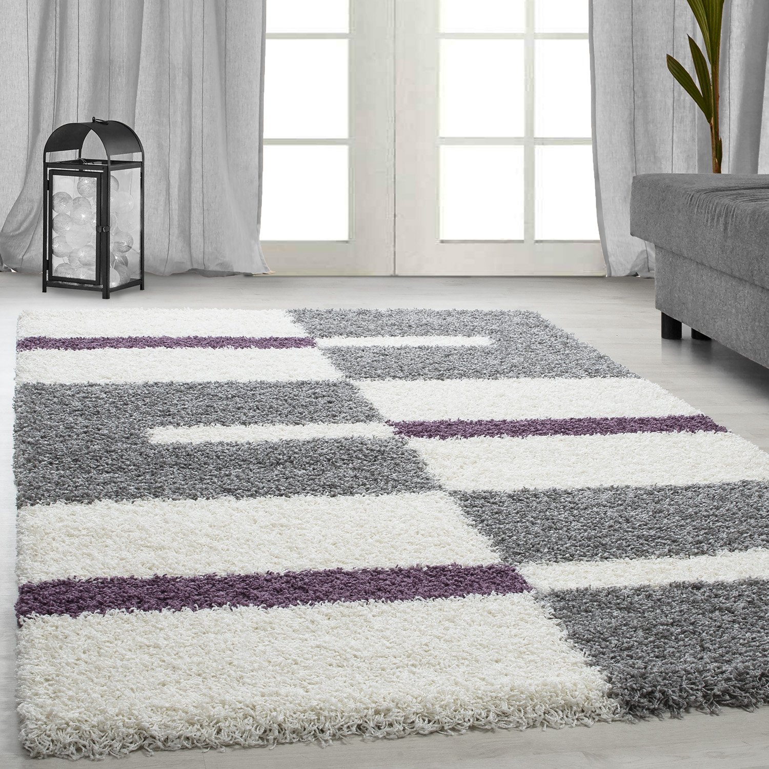 Carpetsale24 Alfombra Salon Peludo de Pelo Largo 300x400 (280 x 370 cm) Lila - Alfombras de Habitacion Sala de Estar Modernas Suave y Esponjoso - Moderna Alfombra Cocina, Dormitorio diseño a Cuadro OEKO-TEX STANDARD 100