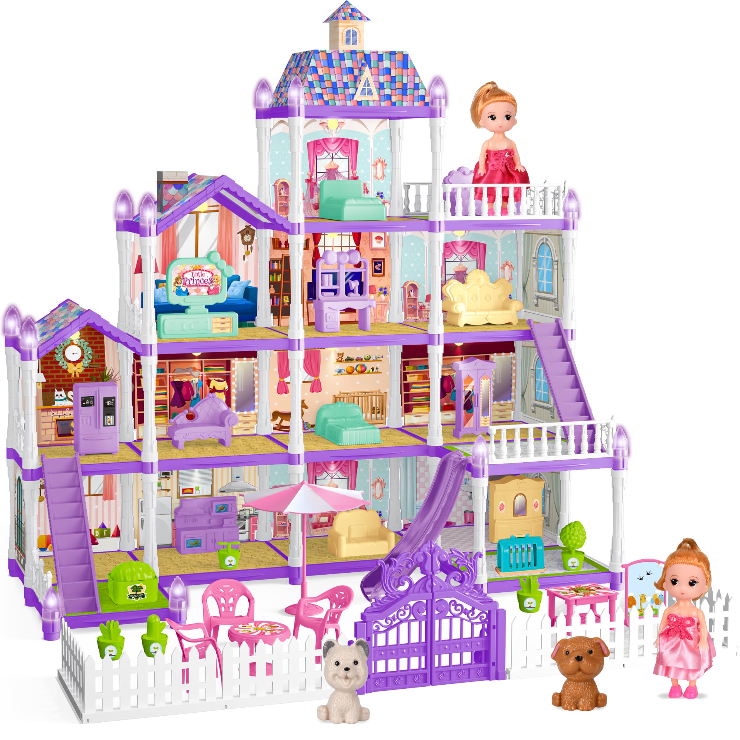 Doll House for Girls ,13 Rooms Doll House with 2 Dolls, Lights, Puppies ,Furnitures, Accessories, Toddler Playhouse Gift for for 3 4 5 6 7 8 9 10 Year Old Girls Toys ( Purple)