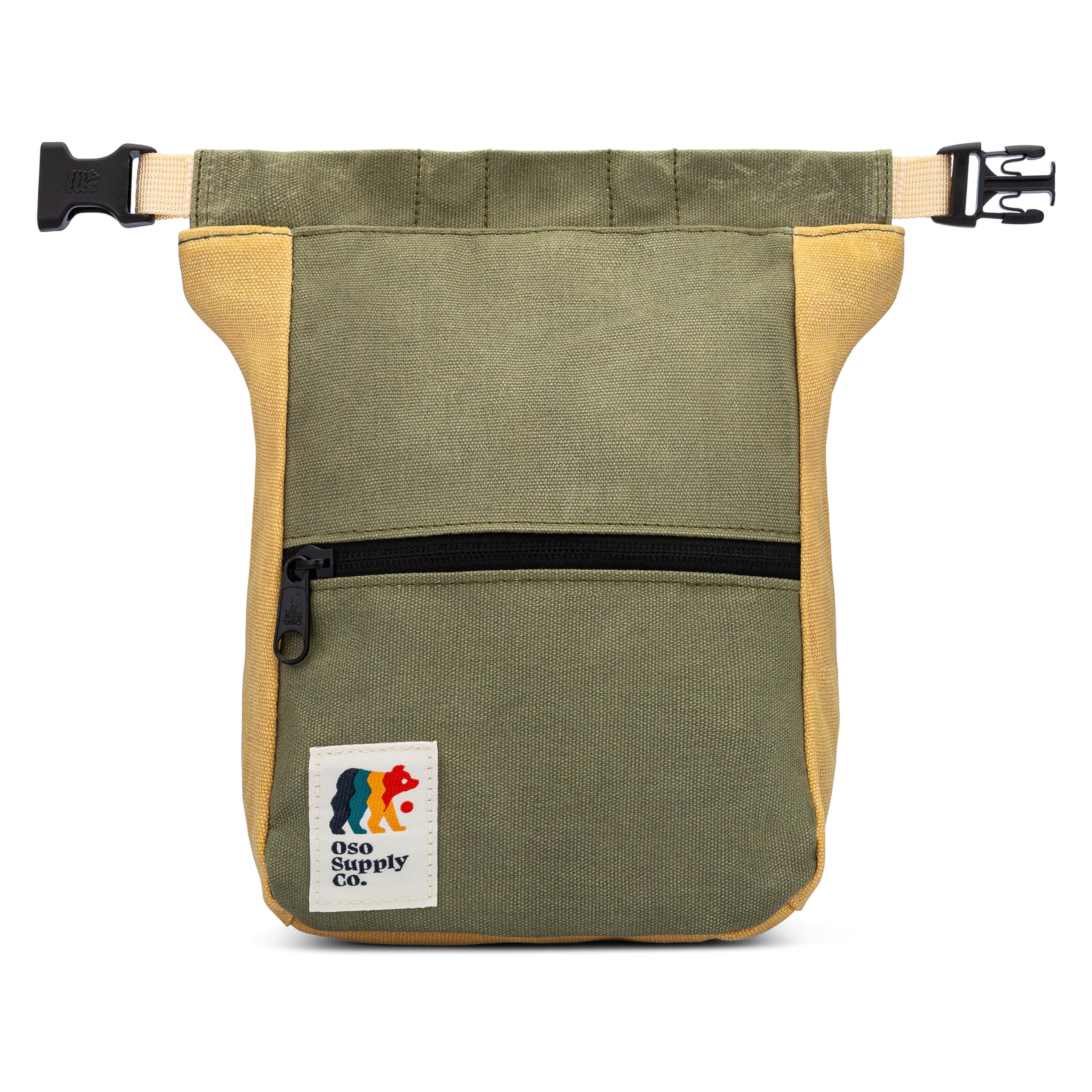 Oso Supply Co Kulshan Boulder Bucket, large chalk bag for climbing, chalk pot with magnetic roll-down closure, brush loop, zipper pockets for climbers, cedar green and light brown