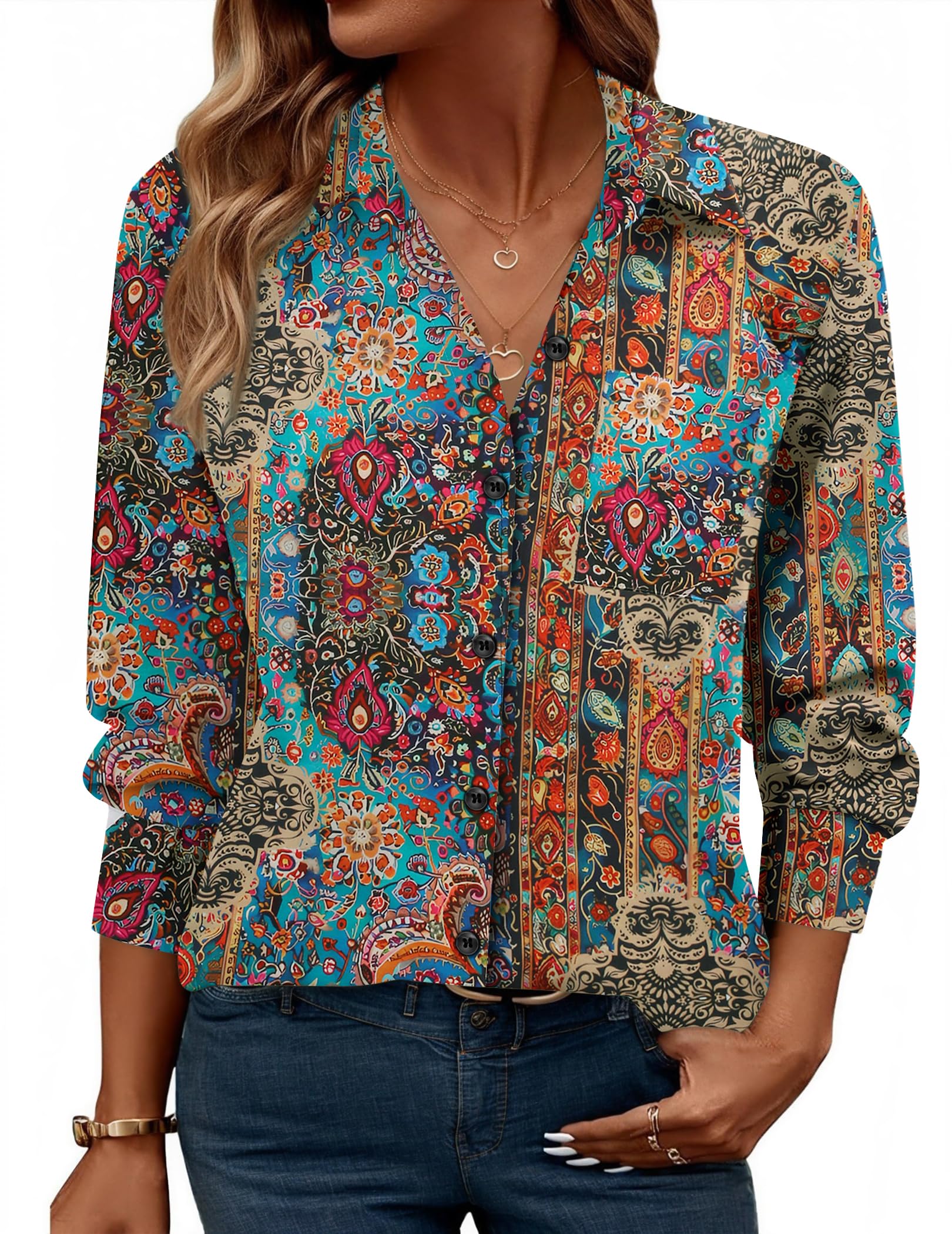 Zeagoo Womens Button Down Shirt Long Sleeve Blouse Business Work Tops Dressy Casual Floral Printed Outfits with Pocket