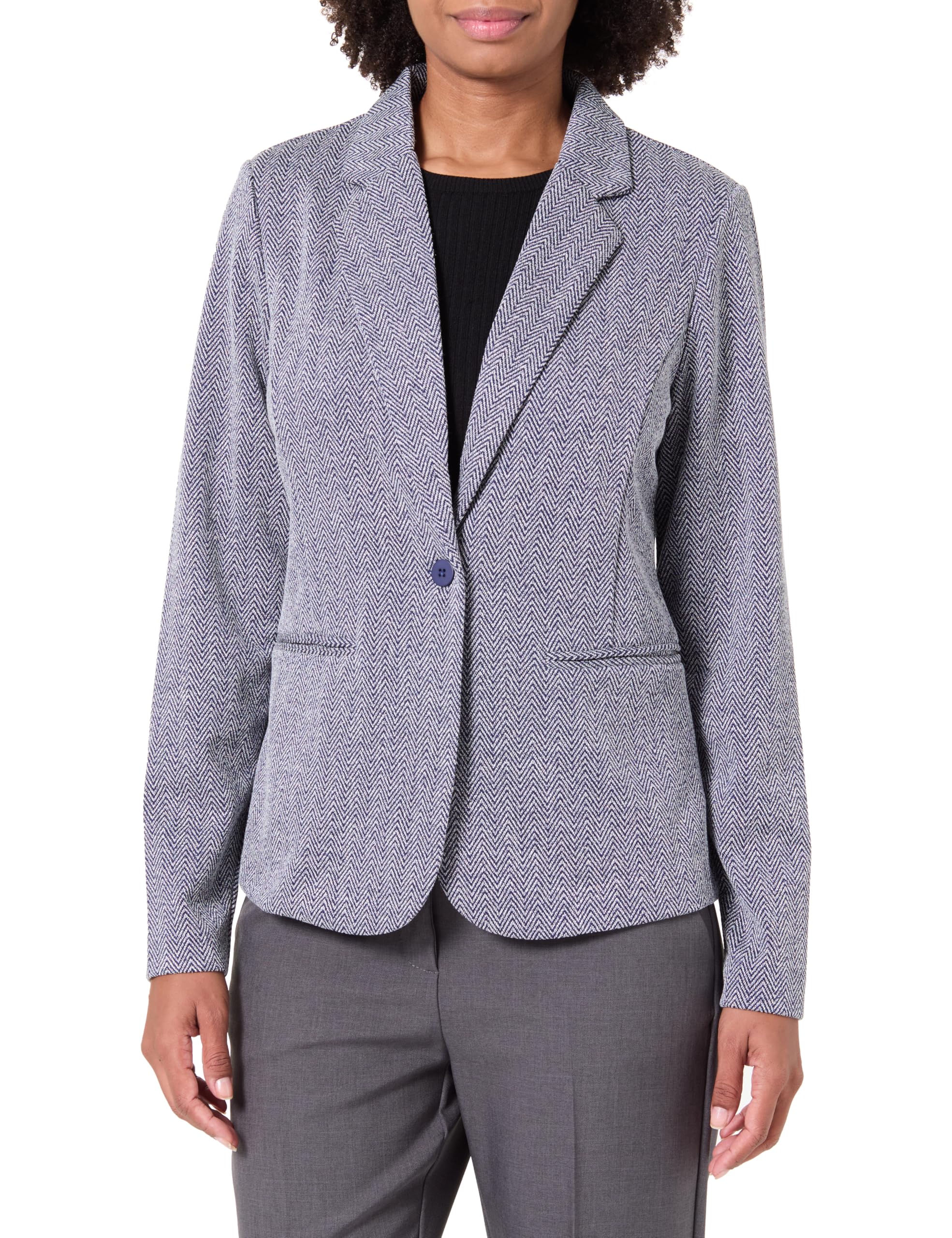 Ichi Women's Gray Blazers, M, Blue Herringbone Jacquard Blazer Jacket
