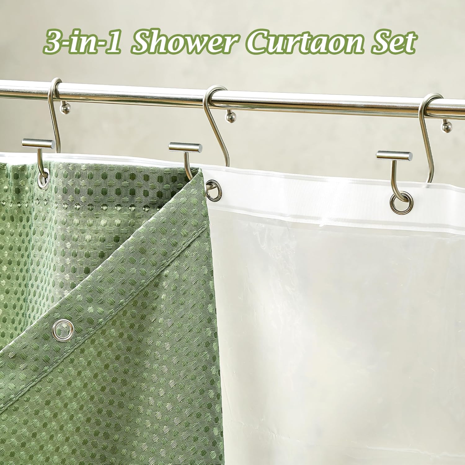 Sage Green Waffle Shower Curtain 3 in 1 Set with Hooks - Includes Luxury 180GSM Weighted Cloth Curtain & Waterproof Liner, 12 Hooks, 72"x72 " for Bathroom (Sage Green, 3 IN 1 Shower Curtain Set)
