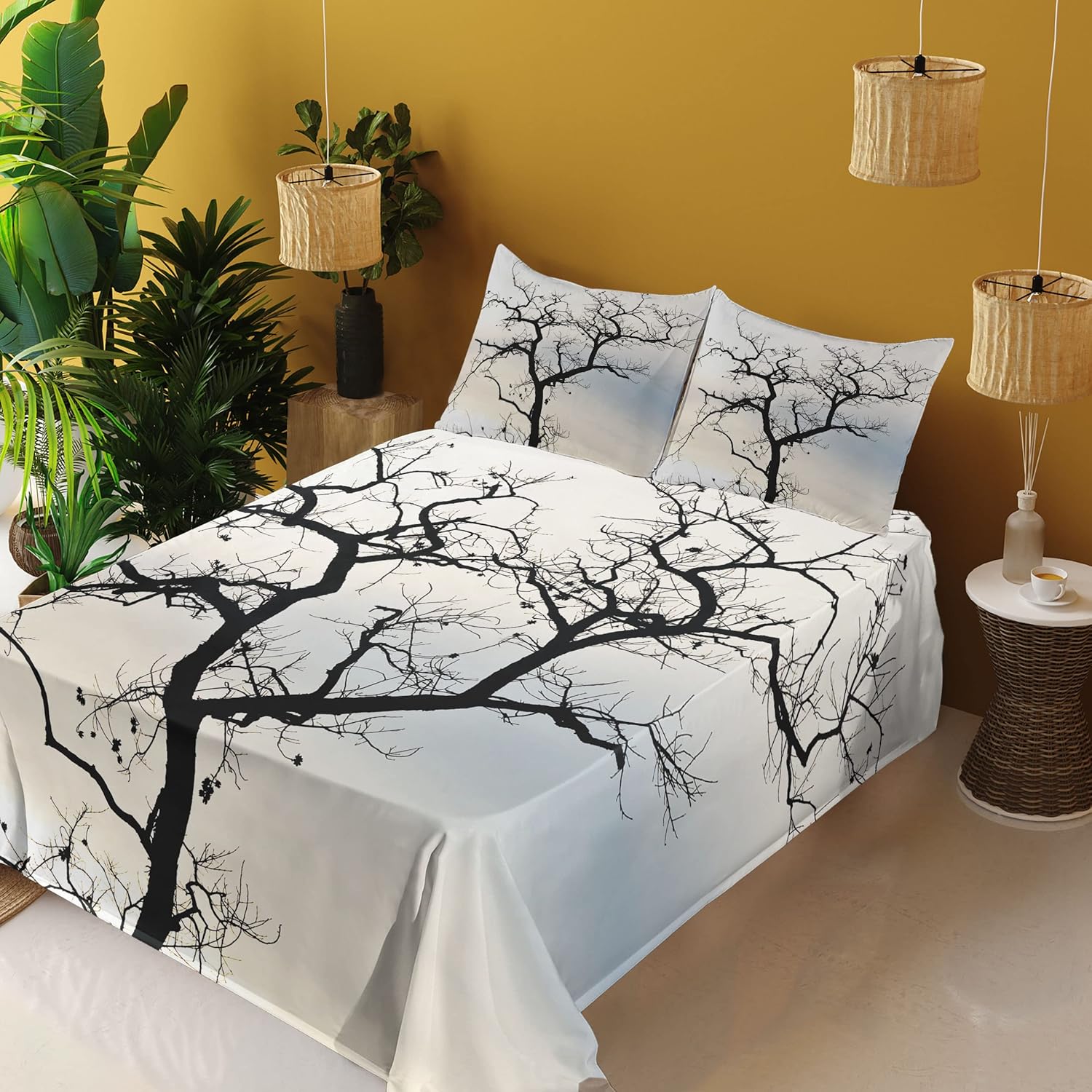 Ambesonne Forest Sheet Set, Fall Tree Black Branches Art Print Black and White Themed Silhouette Illustration, Fitted and Flat Sheet with Pillowcases Bedding Accent 4 Piece Set, Queen, Charcoal White
