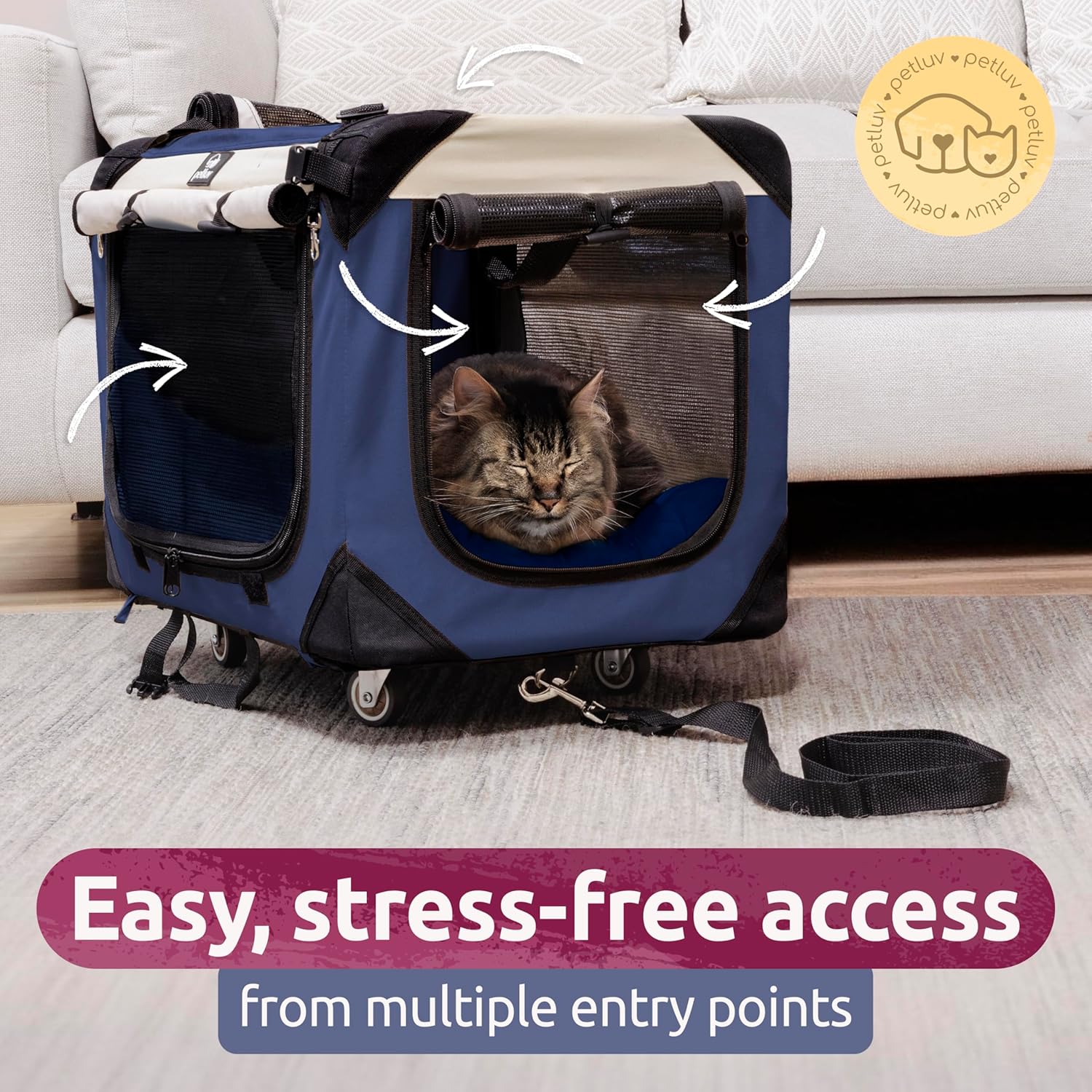 Large Cat Carrier on Wheels & Dog Carrier for 2 Cats or Medium Dog. Rolling, Soft Sided Pet Carrier for Travel. Collapsible, Portable Cat Bag with Soft Bed, Top & Side Loading, Locking Zippers