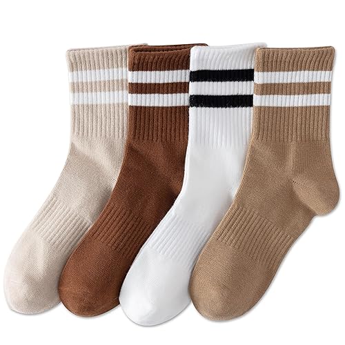 YUWELL Womens Striped Crew Socks, Cotton Cozy Casual Socks for Women 4 Pairs