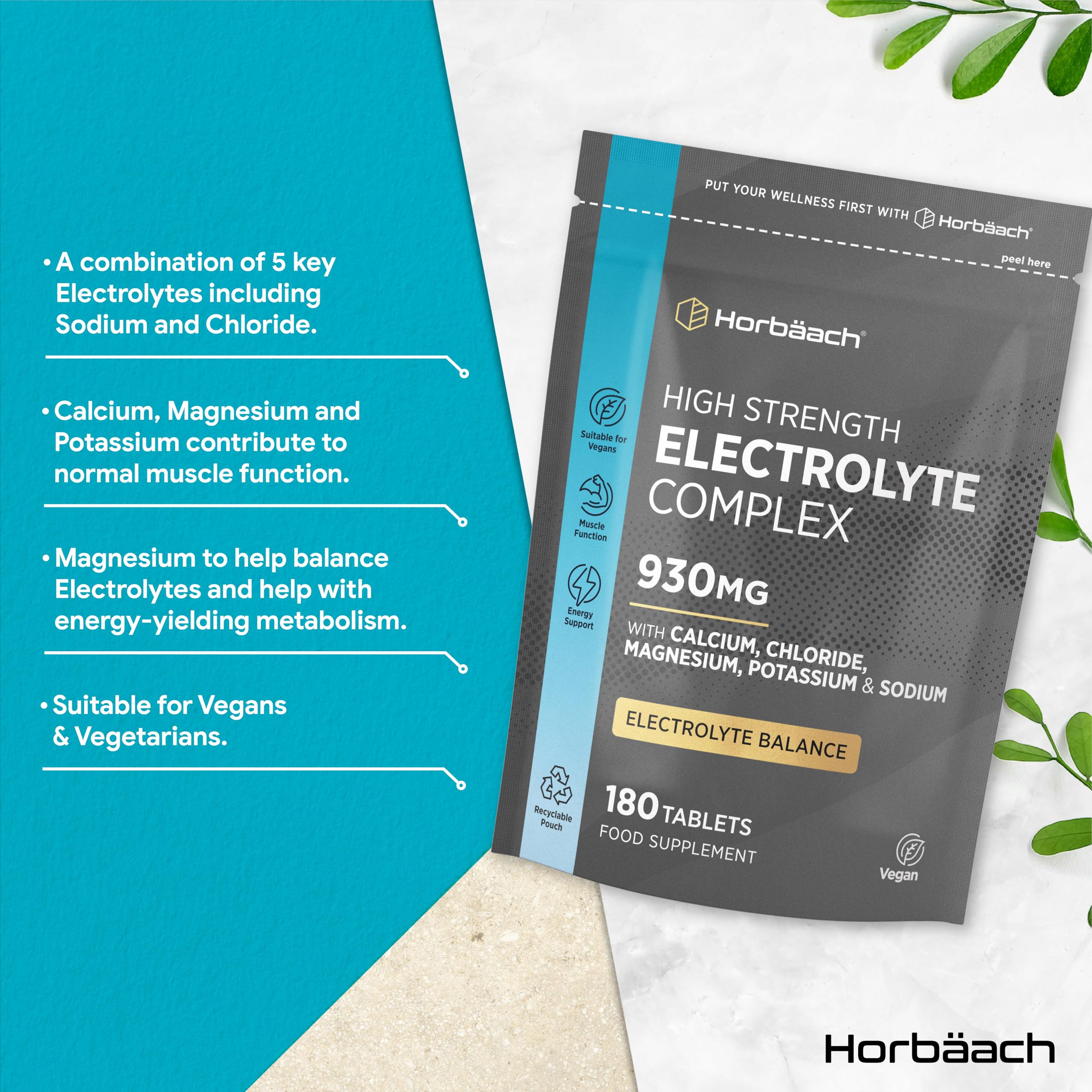 Tabletki elektrolitowe 1575 mg | 240 wegańskich tabletek z potasem, chlorkiem, wapniem, magnezem i sodem | Keto Electrolyte Powder Alternative | by Horbaach