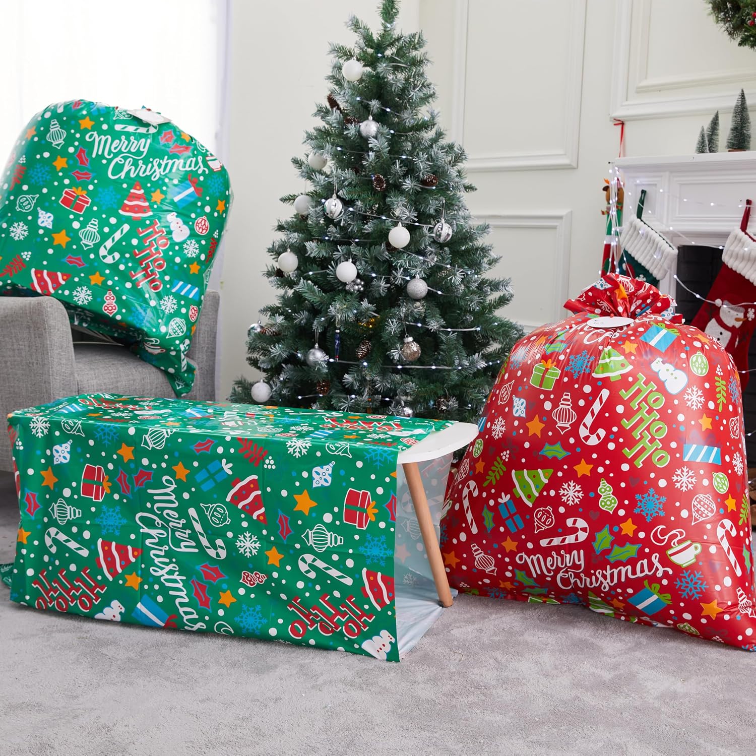 JOYIN Christmas 4 Pcs Jumbo Gift Bags, Extra Large Heavy Duty 44” x 36” Drawstring Xmas Present Bag with Tags for Big Gifts, Christmas Season, Gift Giving, Holiday Presents or Decorations
