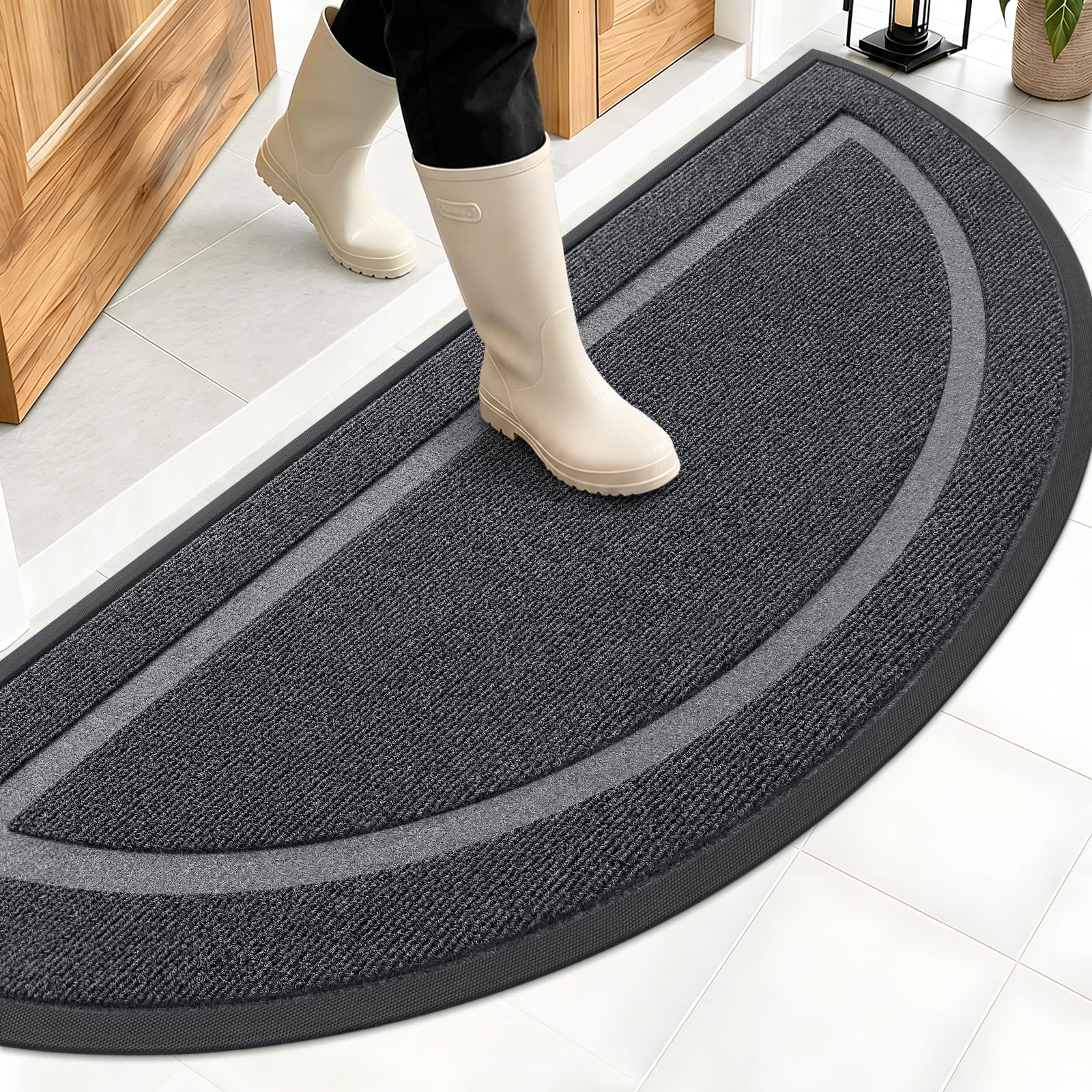 OLANLY Half Circle Front Door Mat Outside 59x23 All-Season Rubber Doormat | Grey, Absorbent, Heavy-Duty, Stain and Fade Resistant, Waterproof Non-Slip Backing, Low-Profile Indoor Outdoor Entryway Mat