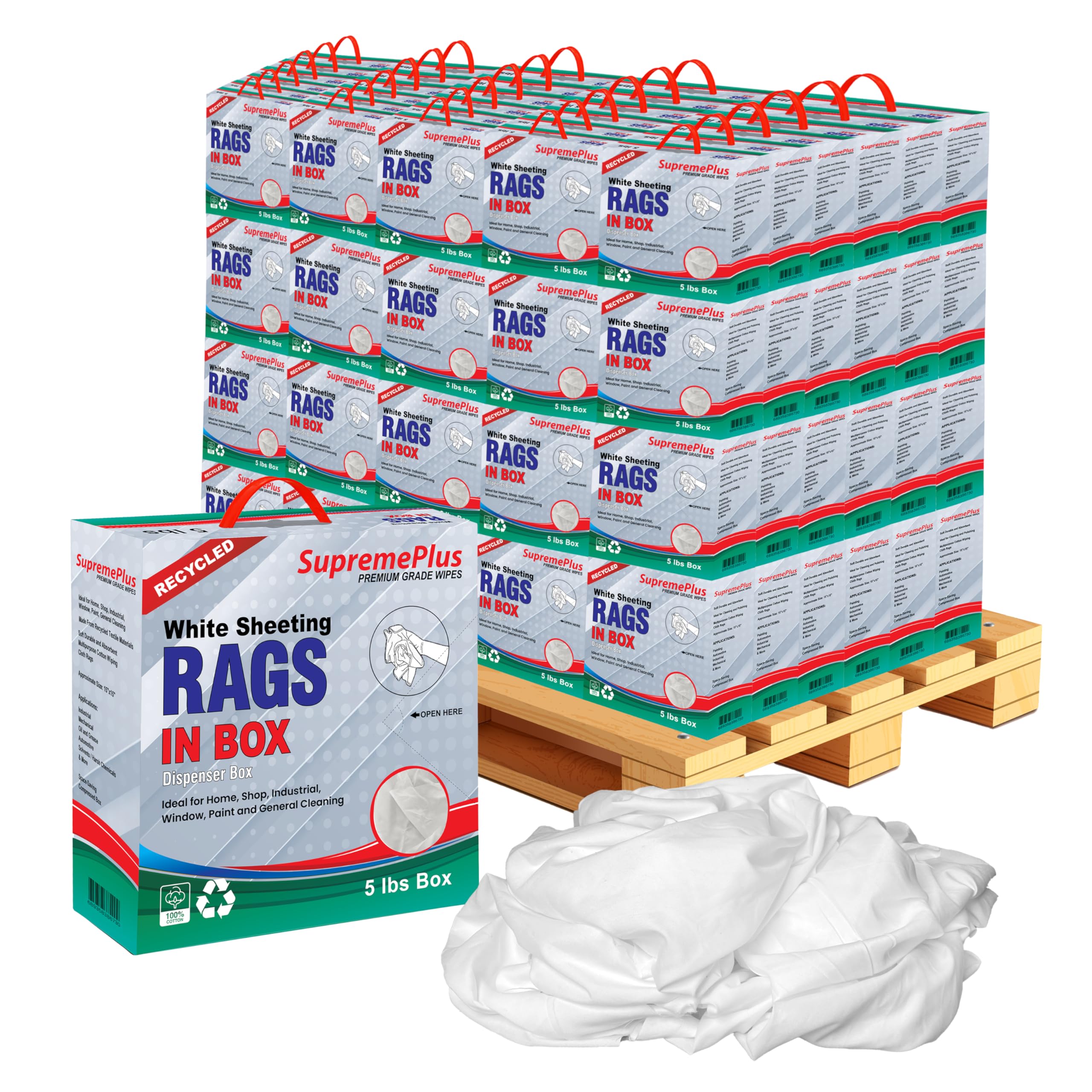 Recycled White Sheeting Cleaning Rags 600 lbs Pallet 120x5 lbs Compressed Box - Lint Free White Cotton Cloths