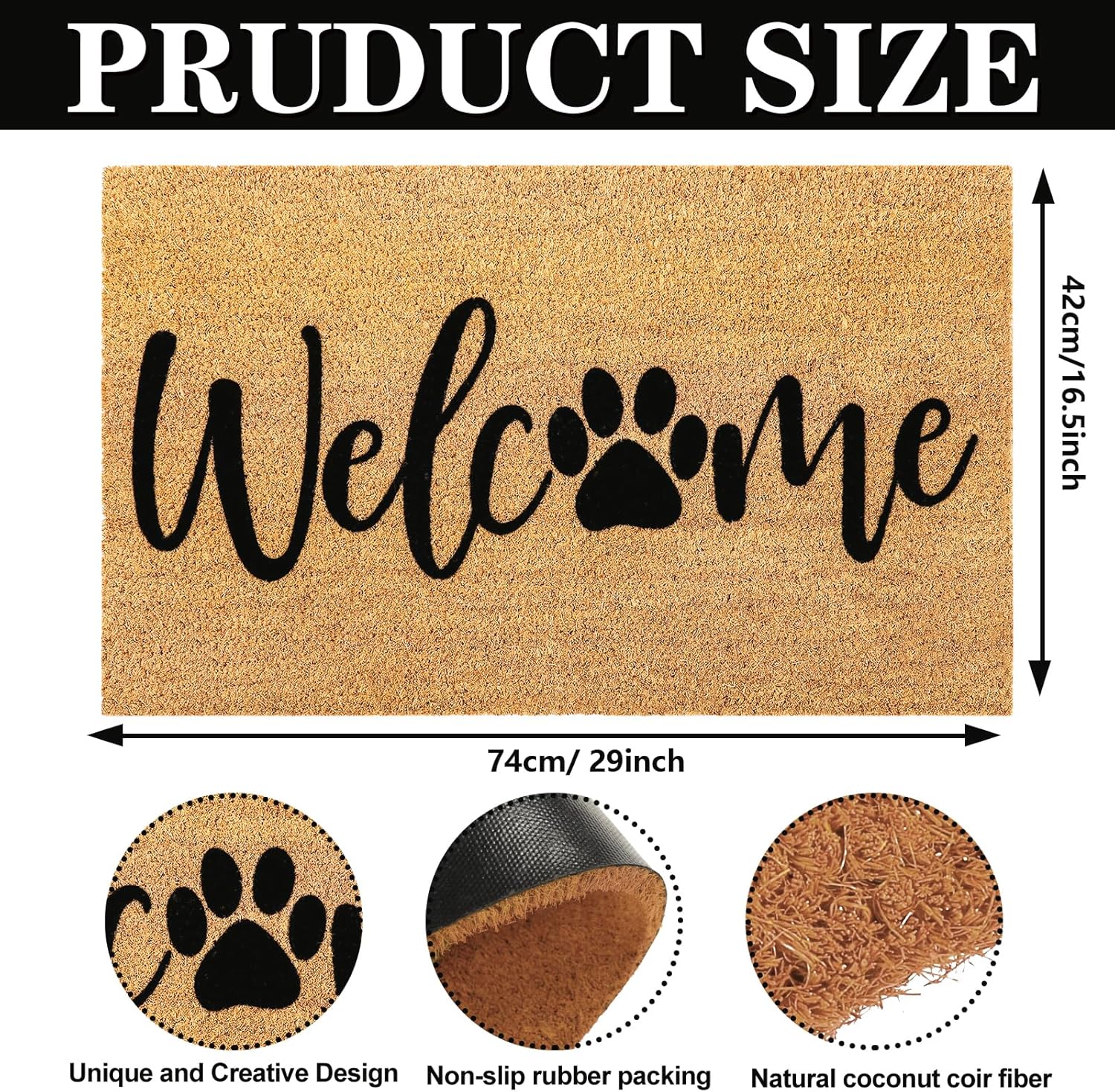 JarThenaAMCS Dog Welcome Natural Coir Doormat Cute Dog Paw Print Floor Mat Non-Slip Entrance Door Rugs for Indoor Outdoor Home Bathroom Decor, 16.5 x 29 Inch