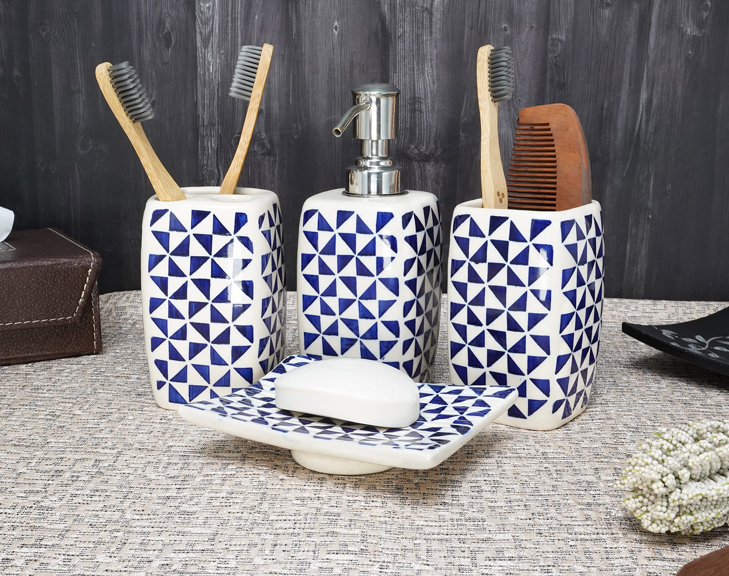 Crocon Handmade Ceramic Bathroom Accessories Set of 4 Soap Dispenser Toothbrush Stand Soap Dish/Tray Tumbler Home Decoration Bathroom Countertop Vanity Organizer Complete Bath Luxury Accessory