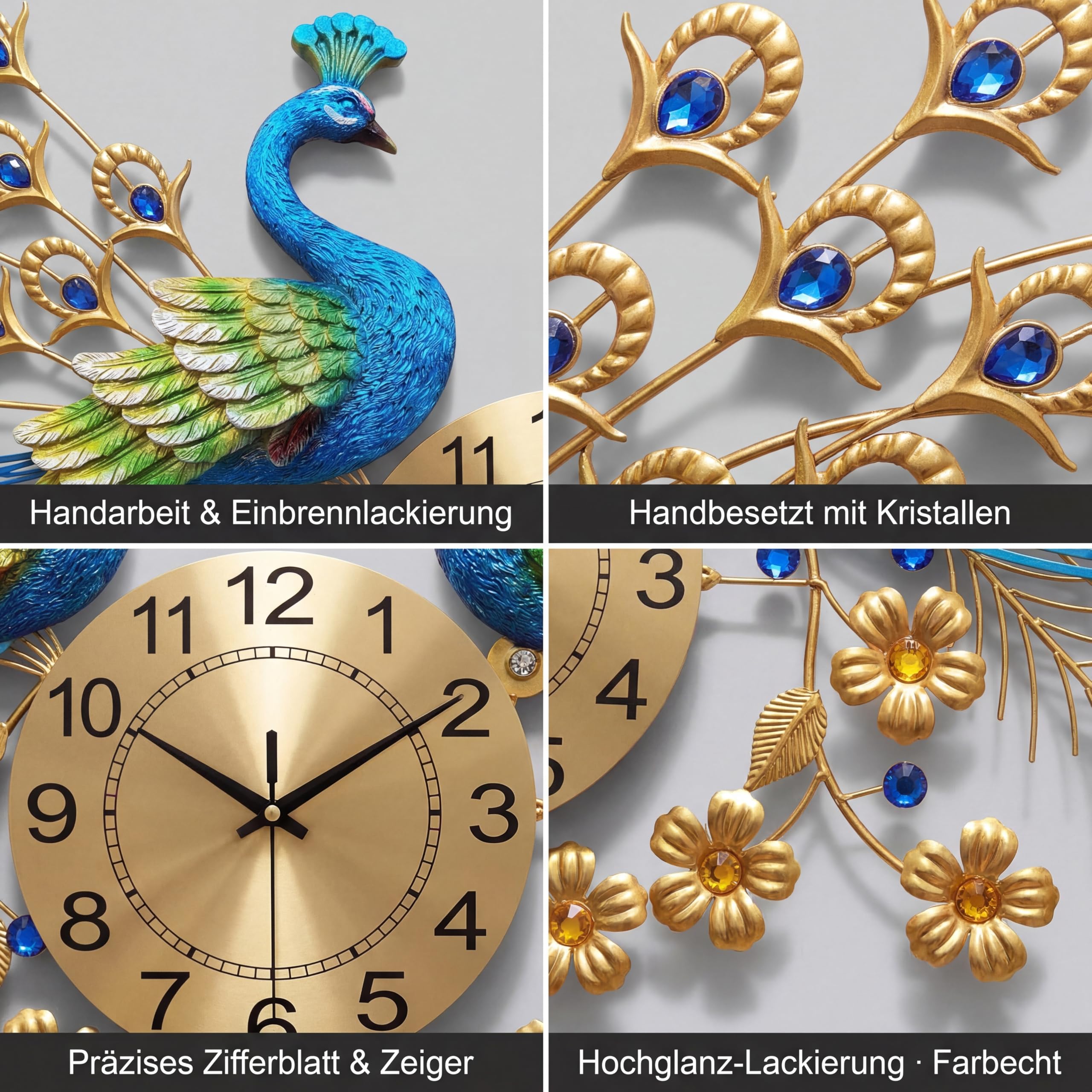 3D Wanduhr Vintage Pfau Uhr Große Wanduhren Mute Nicht Tickend Ohne Batterie Metall Pfauenuhr Für Wohnzimmer Schlafzimmer Küche Deko 165 * 60cm