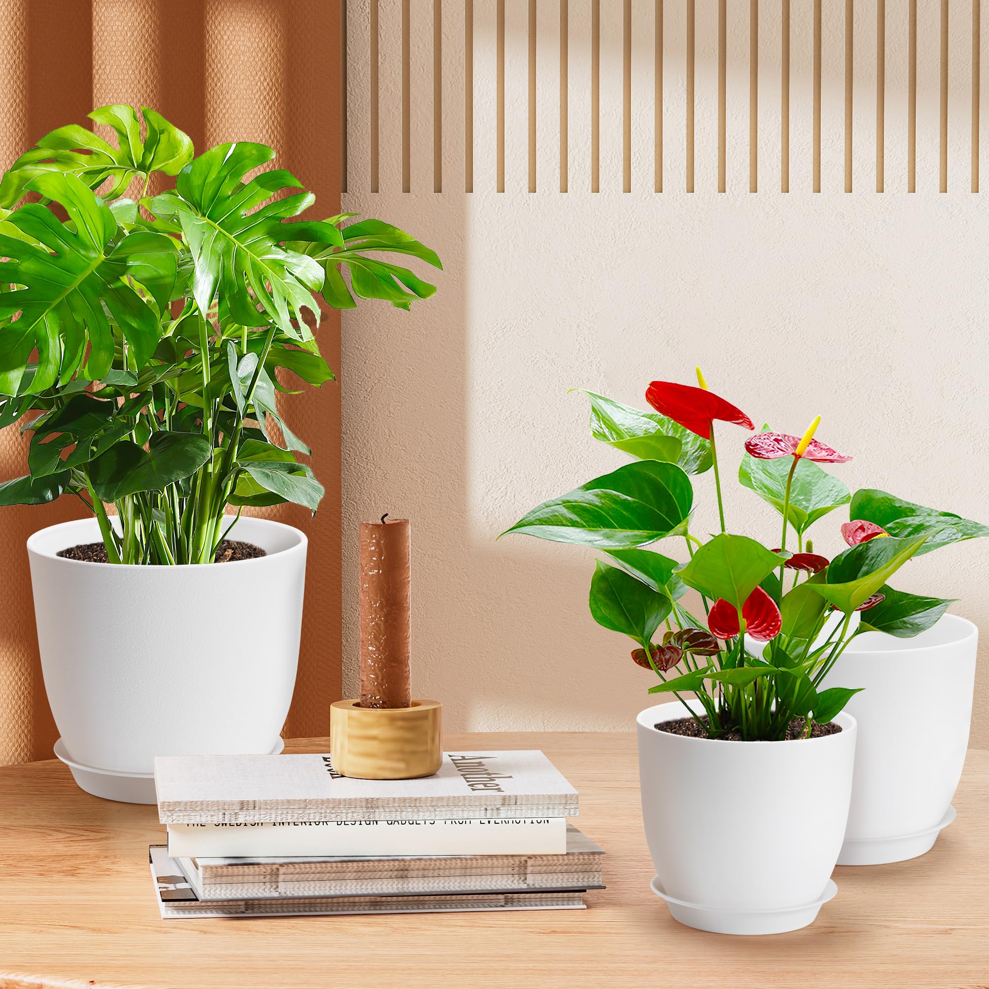 FHWTY Plastic Plant Pots 9/8/7.5 inch Set of 3, Indoor Planters with Drainage Holes and Tray, Thickened Plastic Flowers Pots for Indoor Outdoor Garden Plants and Flowers, White