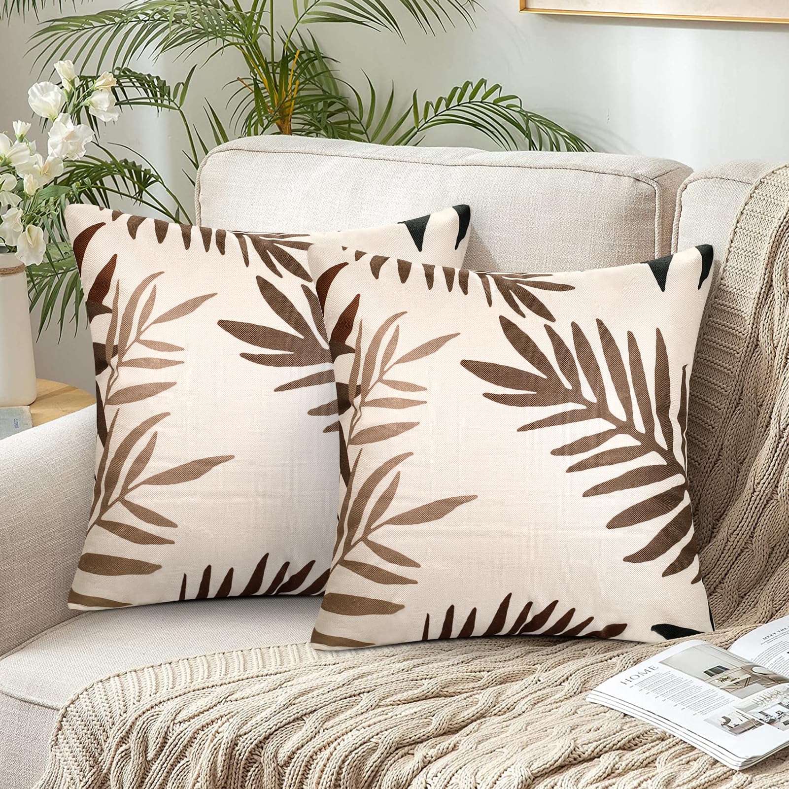 Fundas de Cojines 45x45 Fundas de Cojín Marrón Hojas Poliéster Fundas Cojines Funda de Almohada Decoración Funda de Cojín para Sofá Coche Dormitorio Moderno Salón Patio Exterior Jardin Juego de 2