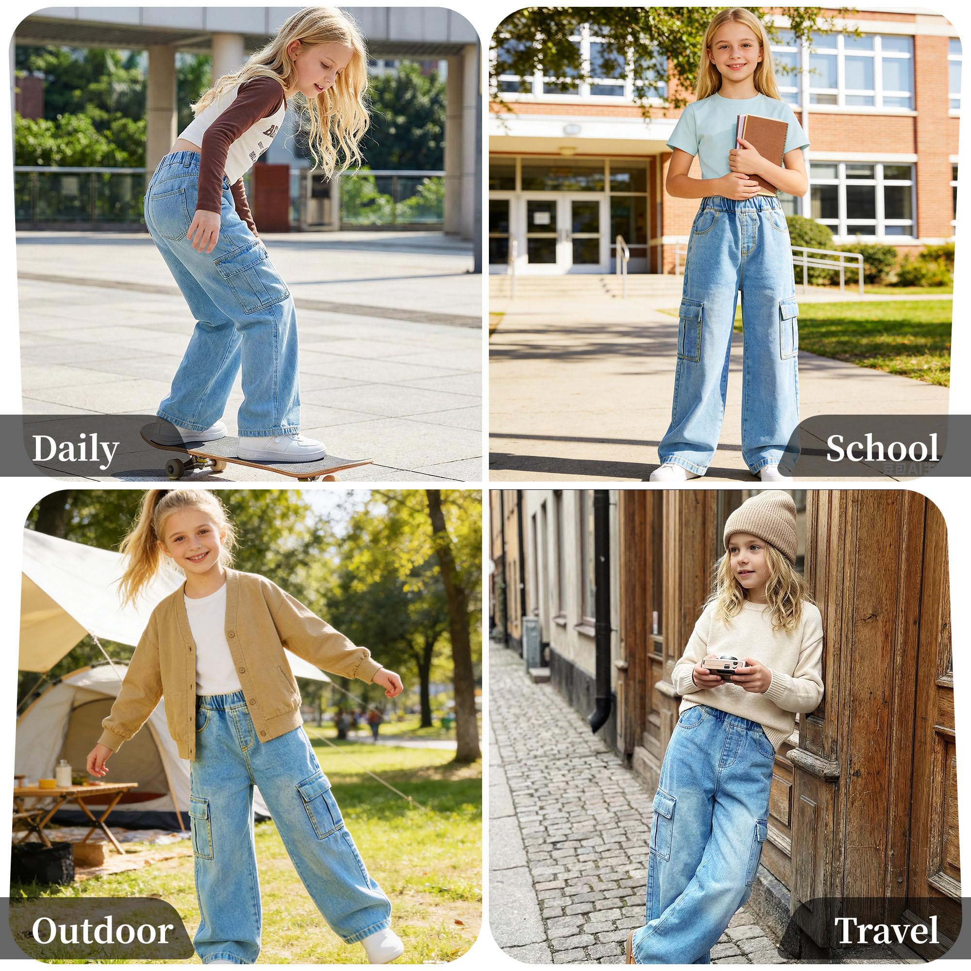Vaqueros Cargo para Niña Baggy Cintura Elásticos Denim Jeans Pierna Anchos Pantalones Largo Stretch Múltiples Bolsillos Casual Moda 7-15 Años