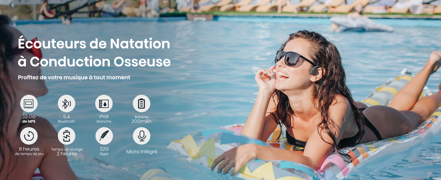 Écouteurs Conduction Osseuse Natation IP68 - Bluetooth 5.4 & Mémoire MP3 32 Go - Pour Nage, Sport, Musique Sans Fil