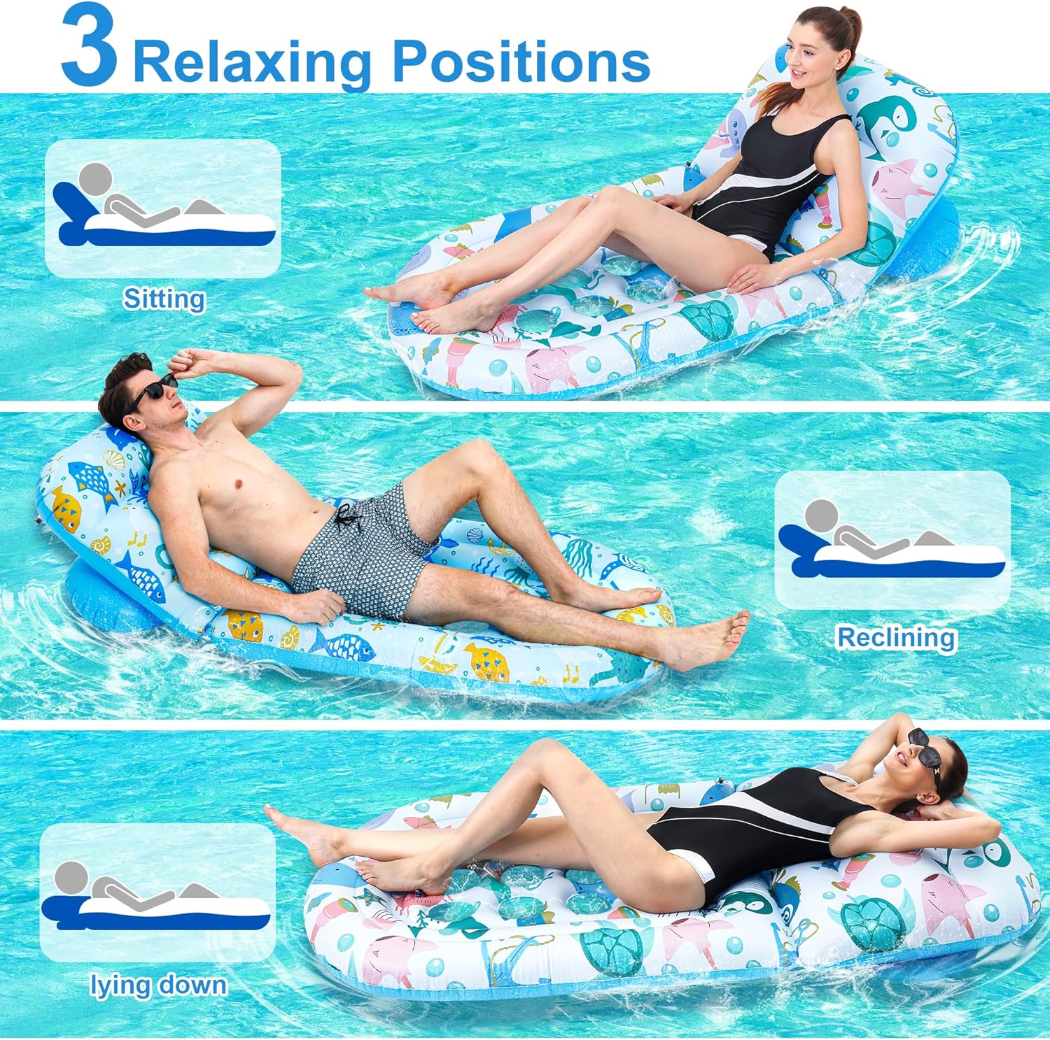 2 Pack Pool Floats Lounger, Instaywell Pool Floats Adult with Adjustable Backrest, Pool Rafts Floaties Water Hammock Tanning Floating Pool Party Toys for Swimming Pool Summertime Beach Outdoor