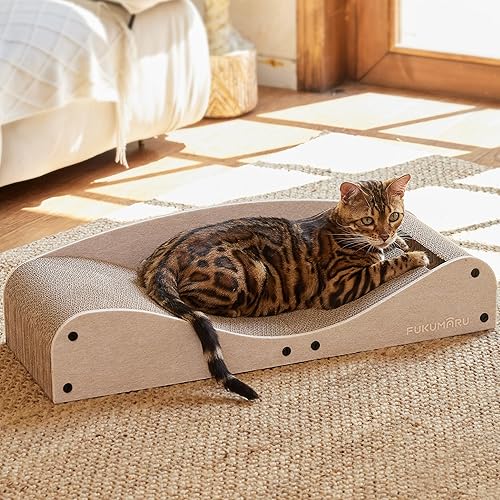 FUKUMARU Cardboard Cat Scratcher Bed, Extra Long 29.1 Inch Cat Scratch Bed Couch Indoor, Natural Felt Multifunctional Cats Scratching Lounger, Horizontal Kitten Cats Scratch Pad with Ball Toy, Camel