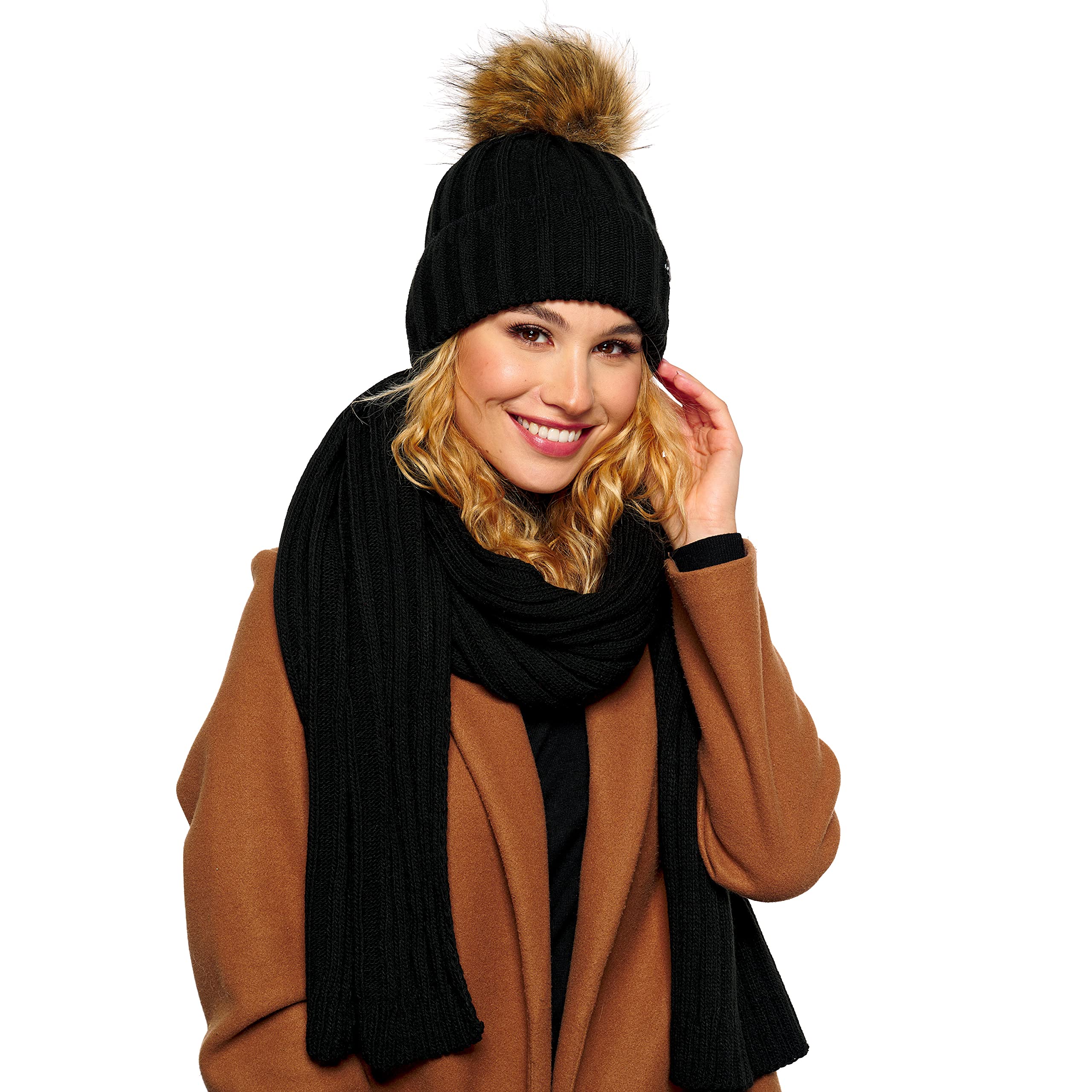 ELIMELI Gorro de cachemira para mujer, de invierno, cálido, gorro de lana con cachemira, gorro de invierno con pompón de piel sintética, gorro de punto para mujer, para invierno, gorro de pompón,