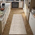 Hugear 2x3 Machine Washable Entryway Rug Neutral Vintage Beige Distressed Oriental Low Pile Small Area Rug Non Slip Indoor Door Mat for Entry Kitchen Bathroom Laundry Room