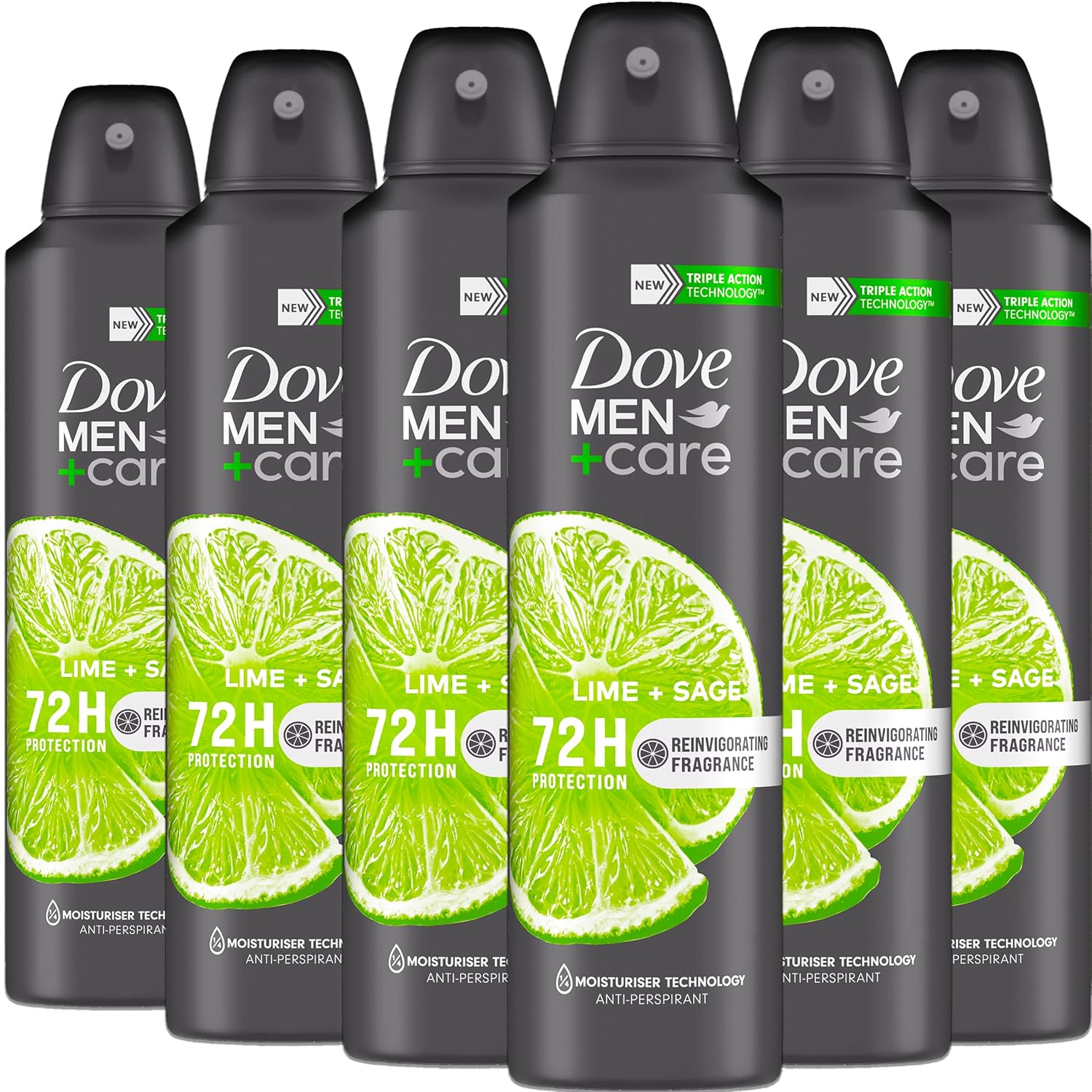 Dove Men + Care Antiperspirant Deodorant Spray, 6 Pack, Lime + Sage Scent, Long Lasting 72 Hour Odor Protection, Soothes & Moisturises Skin, 5 oz. Each