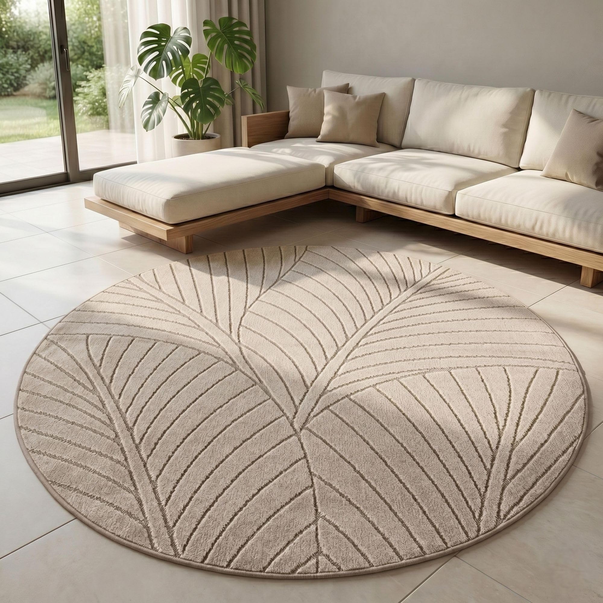 Carpetsale24 Kurzflor Teppich Beige Wohnzimmer Schlafzimmer 3D Hoch-Tief-Effekt, Skandinavisch Boho Motiv, für Outdoor Bereich geeignet Terrassen oder im Balkon