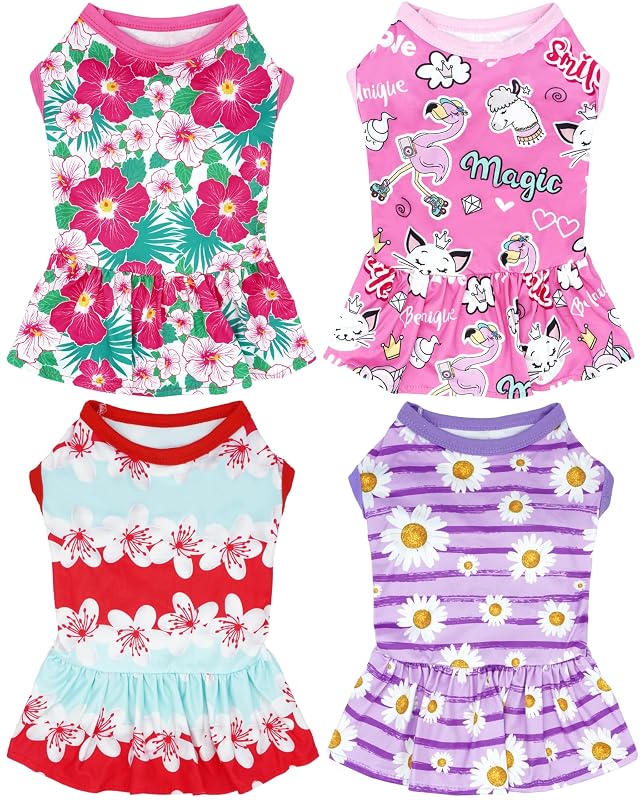 Vestidos para Cães Pequenos JpGdn Florais com Estampas de Unicórnio, Pacote com 4, Tamanho S