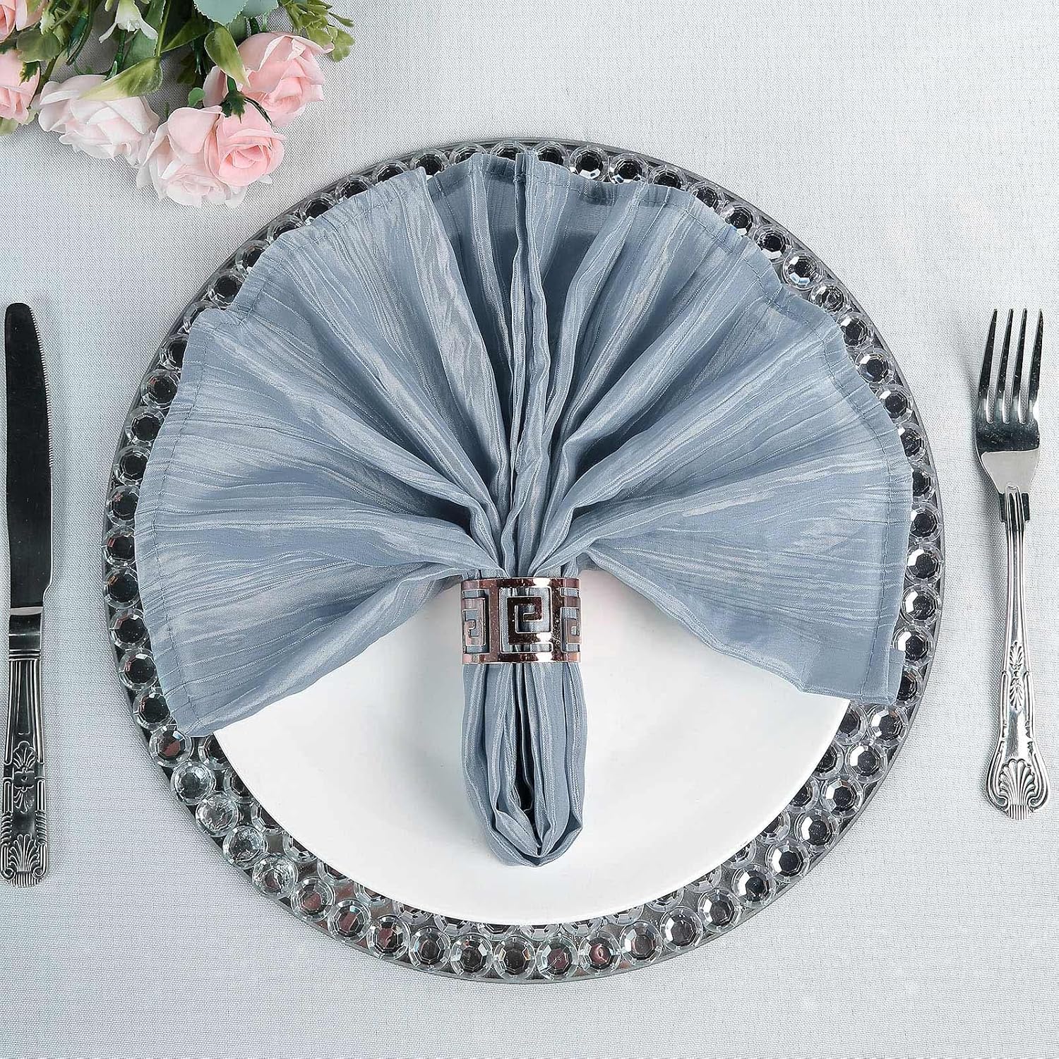 Efavormart Pack of 5 - Dusty Blue Accordion Crinkle Taffeta Napkins - Impeccable Metallic Glint - Perfect for Wedding Ceremonies, Birthday, Party, Event, Banquet, Restaurant Tableware - 20"x 20"
