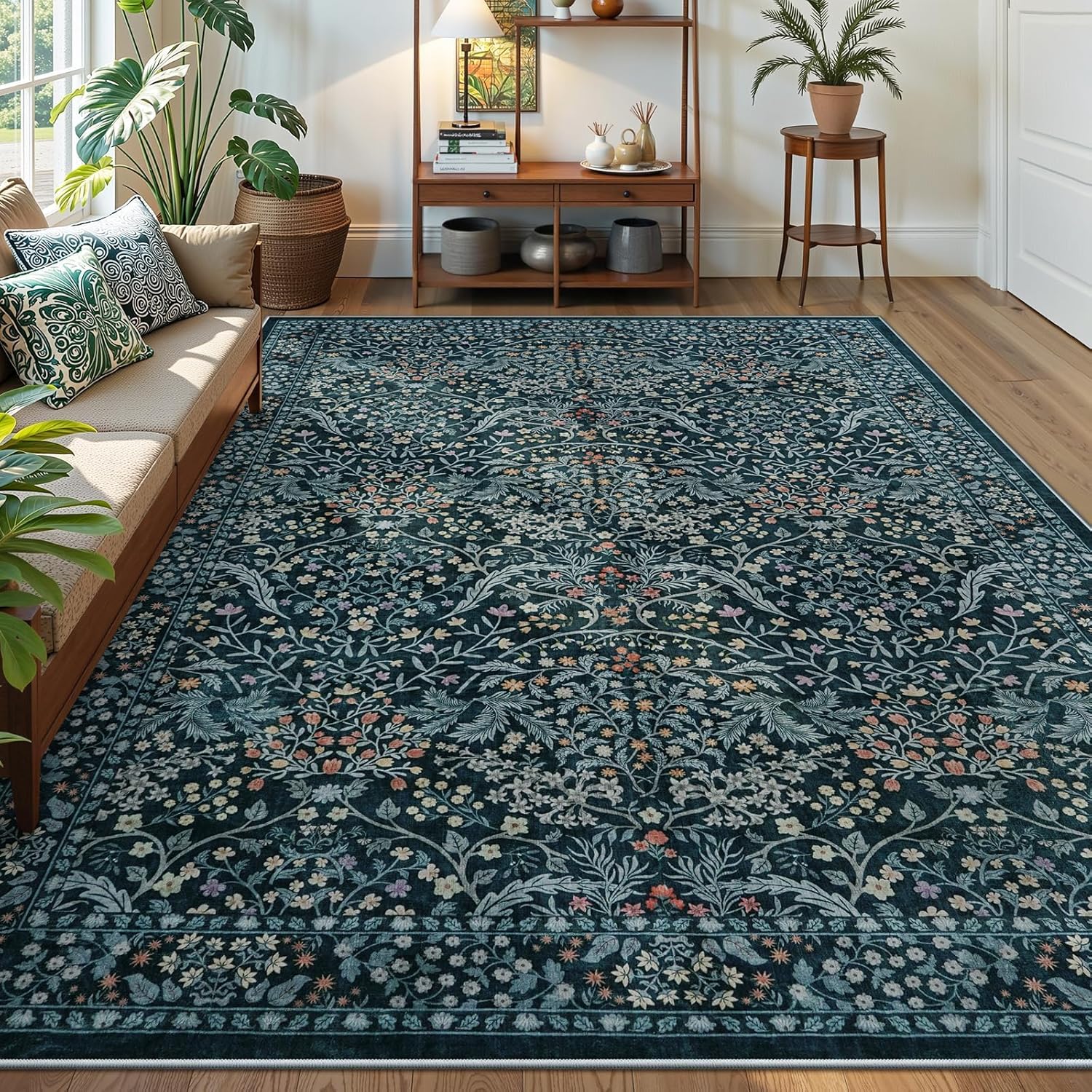 LIVEBOX Floral Washable Area Rug 8x10 Rugs for Living Room Bedroom, Blue Non-Slip Boho Rugs for Dining Room Office, Soft Large Forest Low-Pile Farmhouse Throw Carpets for Kids Nursery Playroom