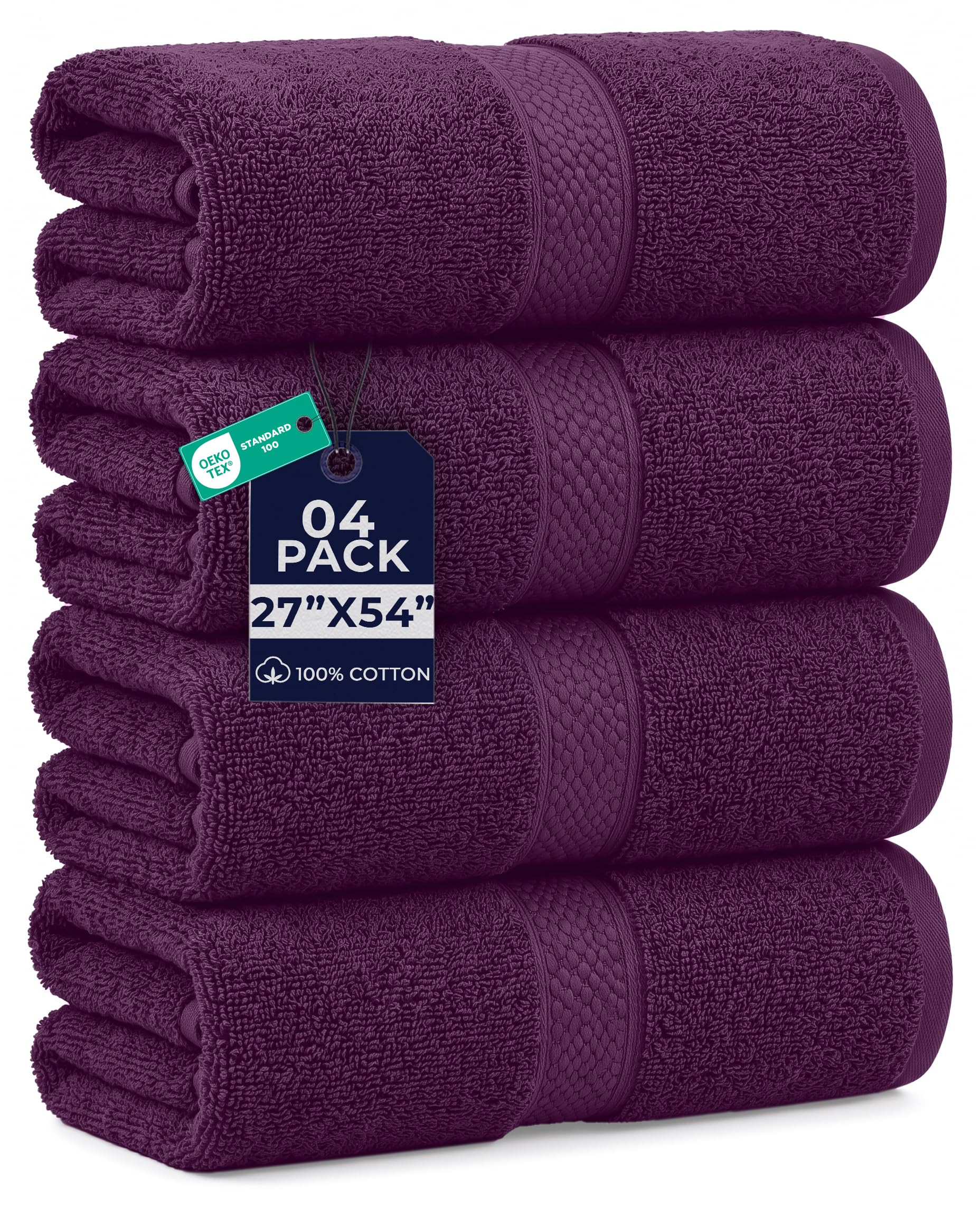 DAN RIVER 600 GSM Cotton Large Bath Towels Set of 4, 27 x 54 Inches, Purple