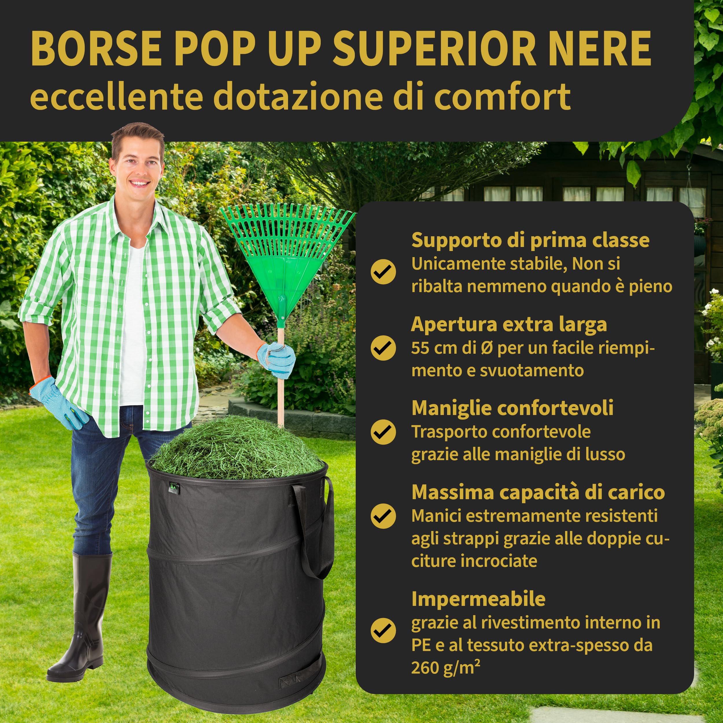 Ttl Garden Black Superior 2 X 170L Pop Up Sacco da Giardino – Doppio Fondo 260 gsm Extra Stabile 600D Oxford Set di 2 Sacchi per rifiuti da Giardino p