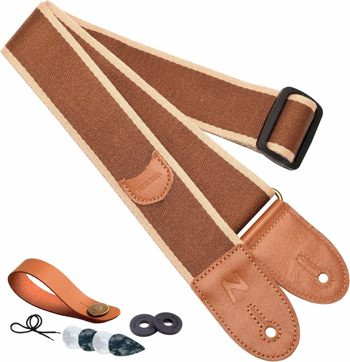 Guitar Strap, Cotton Full Grain Leather Ends Guitar Straps with Pick Pocket for Bass, Electric & Acoustic Guitar, Come with Free Strap Button, 1 Pair Strap Locks and 4 Guitar Picks