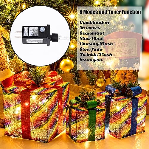 Miniatura 4 de Sunnyglade Juego de 3 cajas de regalo iluminadas de Navidad con enchufe, lazos, hojas de pino artificiales y conos de pino para Navidad, bodas,
