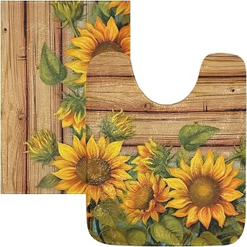 Sunflowers on Wooden Board Bathroom Rugs 24" x 20" U-Shaped Thick Toilet Rug, Soft Absorbent Plush Shaggy Non Slip Area Rugs, Machine Wash Bath Mat for Bathroom