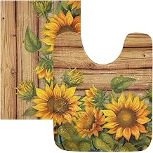 Sunflowers on Wooden Board Bathroom Rugs 24" x 20" U-Shaped Thick Toilet Rug, Soft Absorbent Plush Shaggy Non Slip Area Rugs, Machine Wash Bath Mat for Bathroom